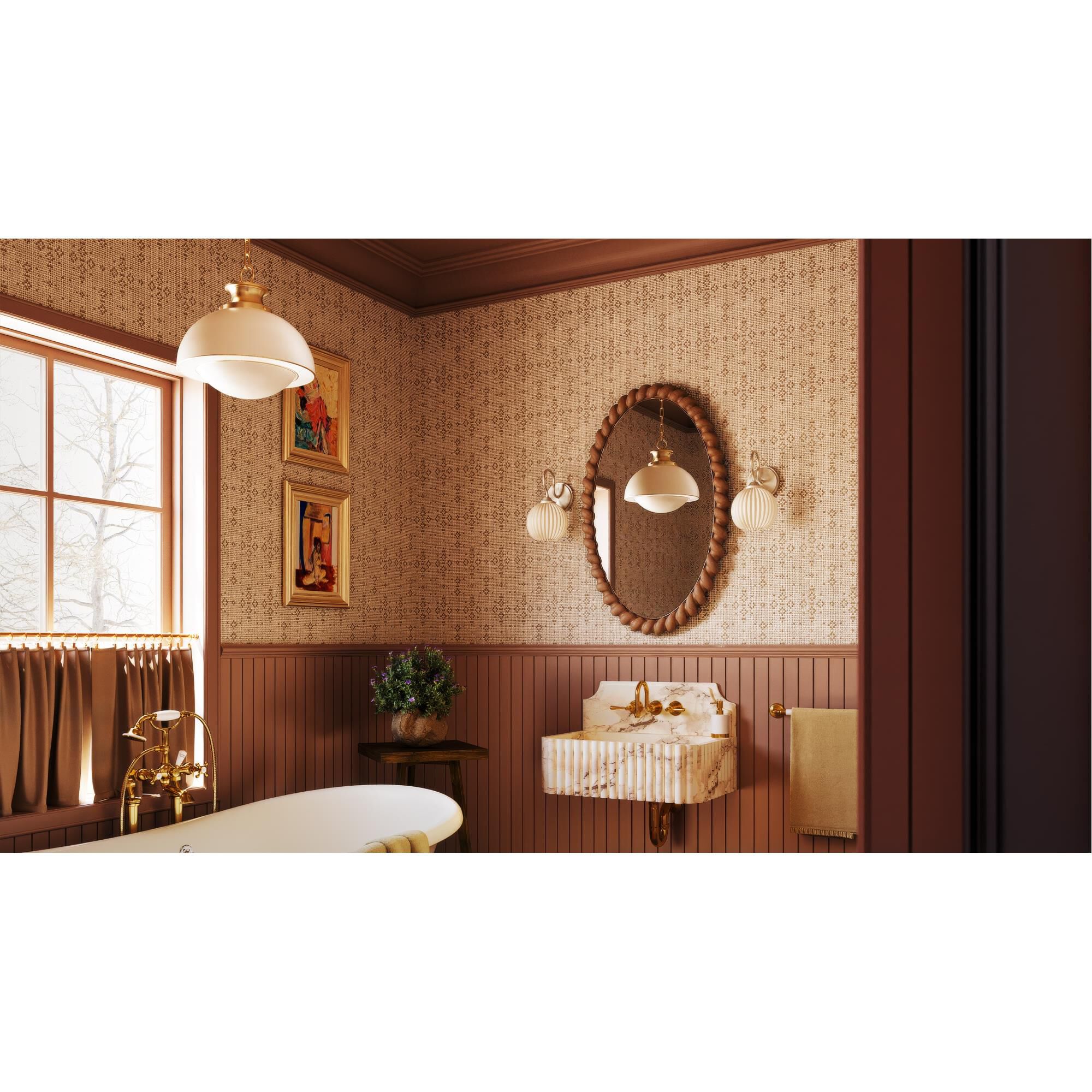 Shown in Aged Brass finish and Opal Glossy with Gold Leaf Trim glass