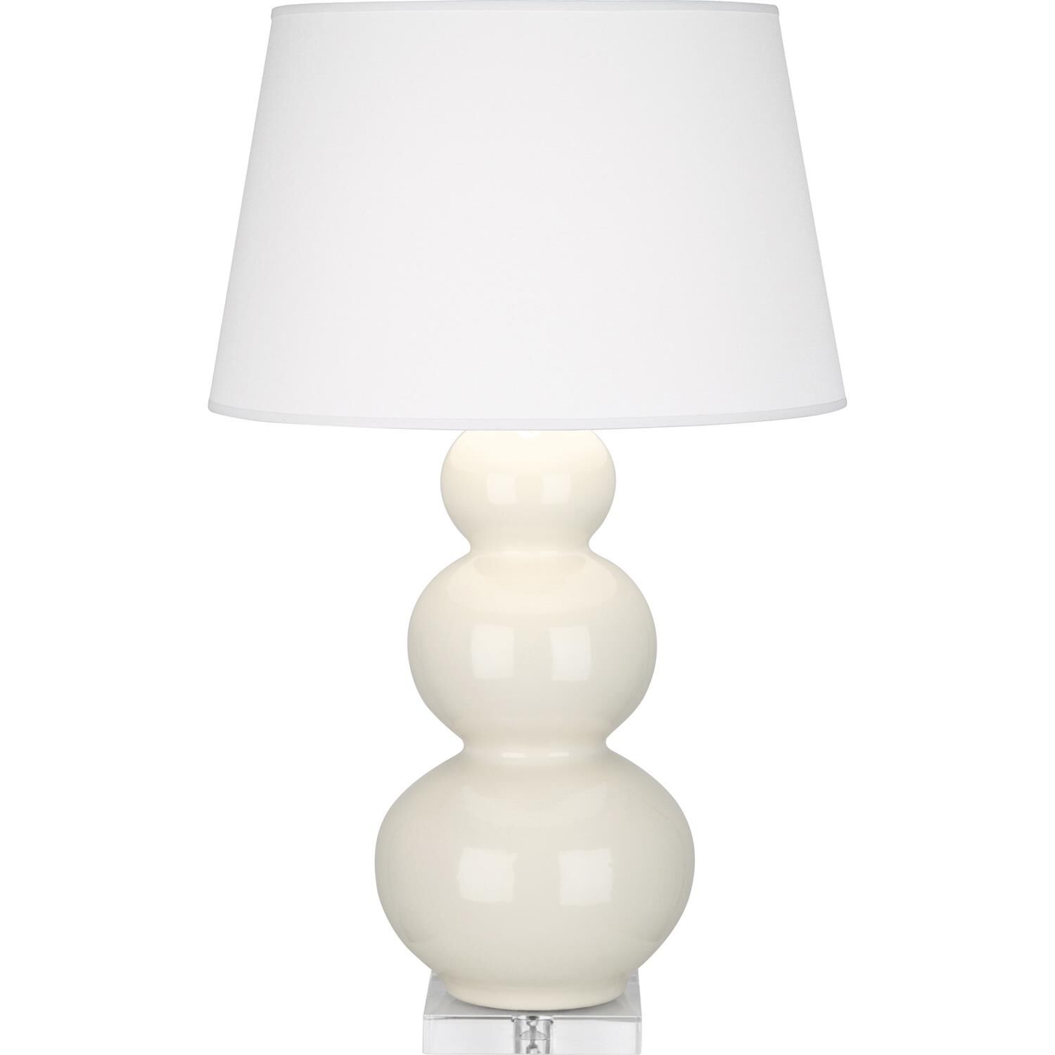 Shown in Bone Glazed Ceramic With Lucite Base finish and Pearl Dupioni Fabric shade