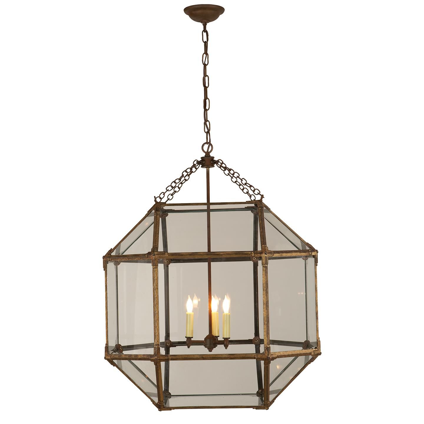Shown in Gilded Iron finish and Clear glass and White Glass shade