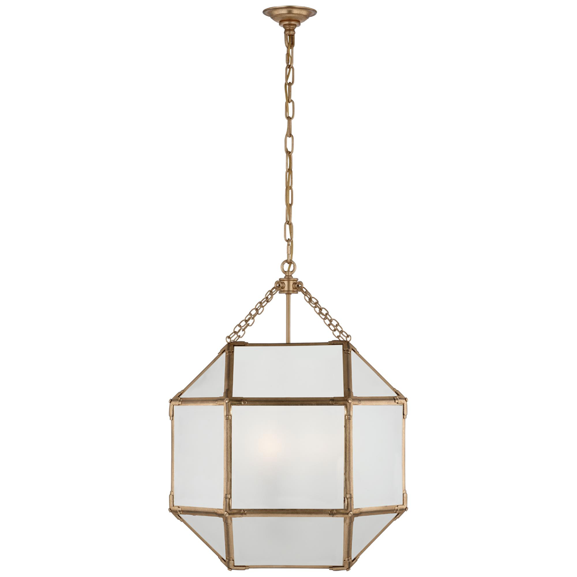 Shown in Gilded Iron finish and Frosted glass