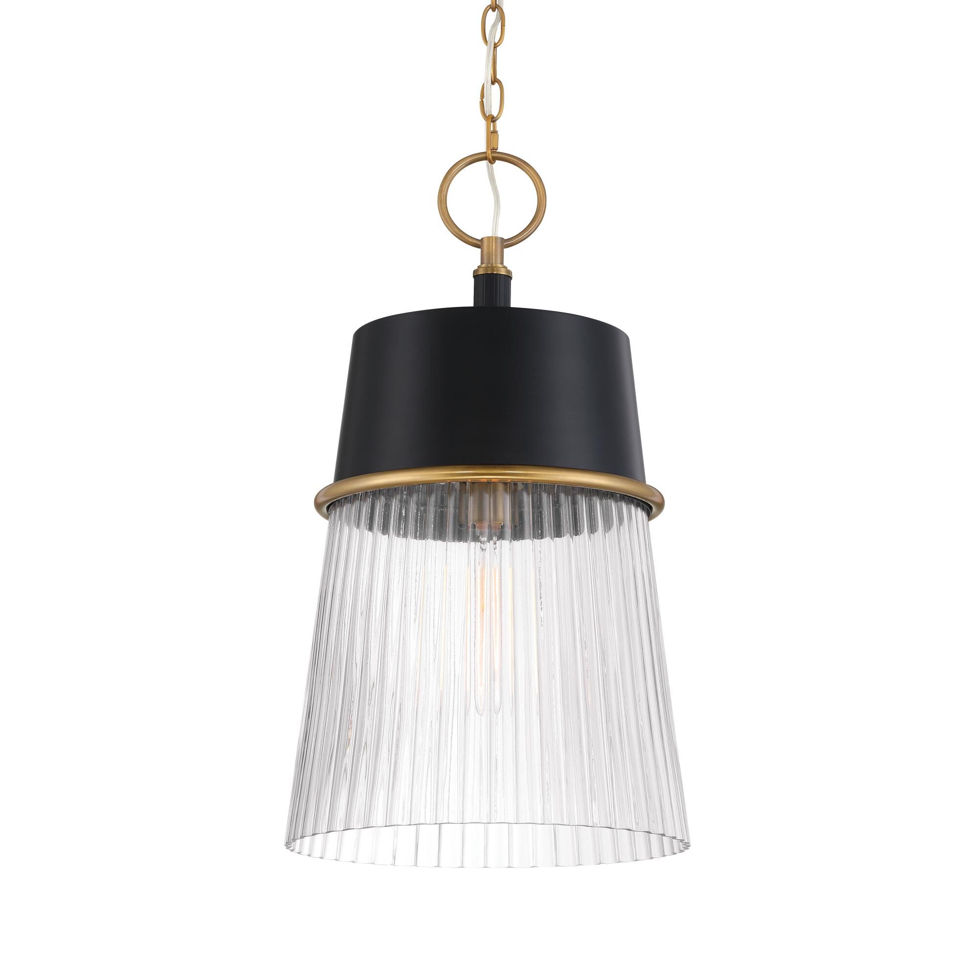 Shown in Legacy Brass & Dark Matte Blac finish and Clear glass and Ribbed Glass shade