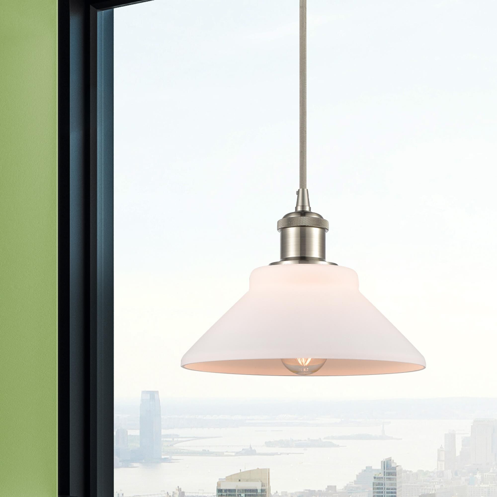 Shown in Satin Nickel finish and Matte White - Disc glass and Silver Wire accent