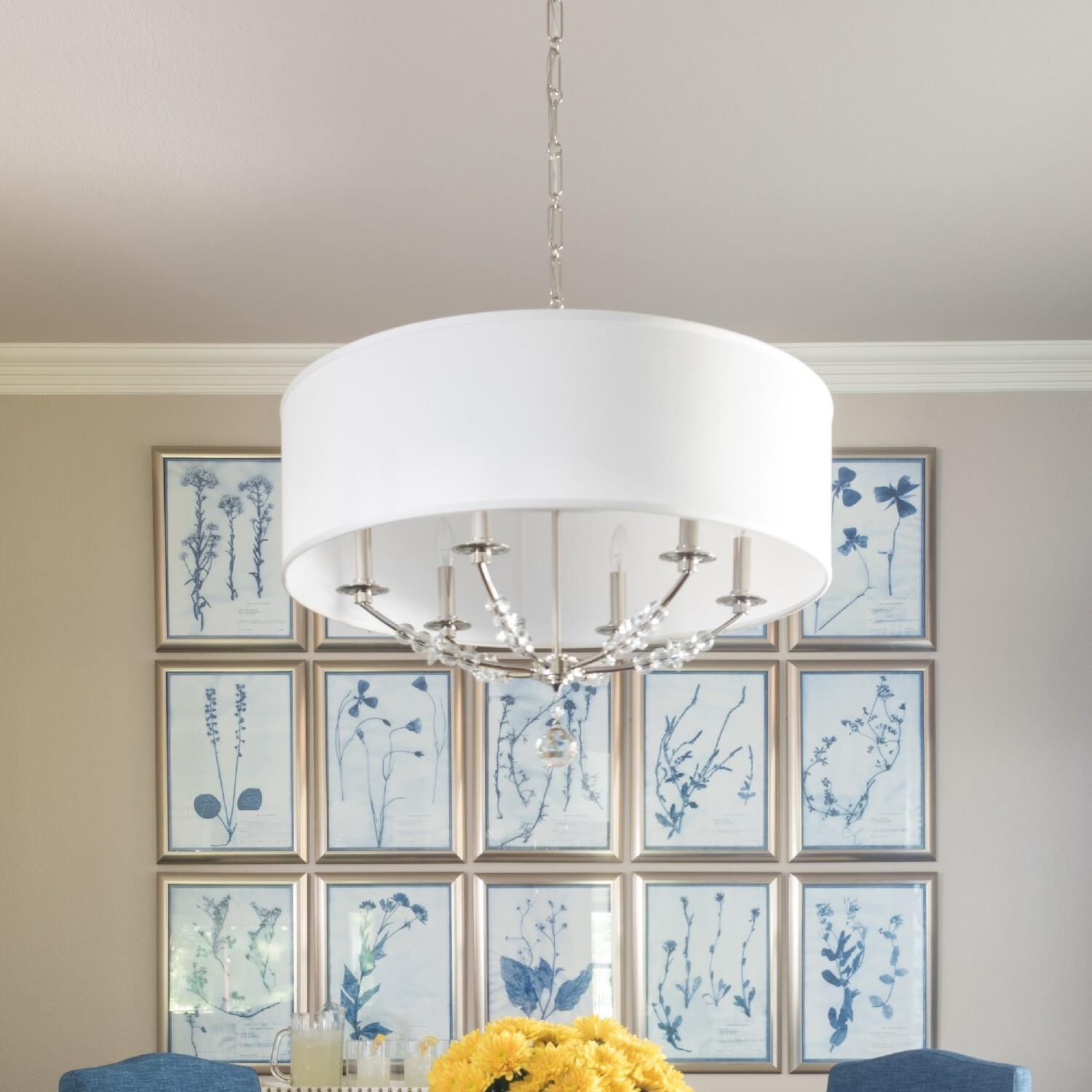 Shown in Polished Nickel finish and White Linen glass and White Linen shade