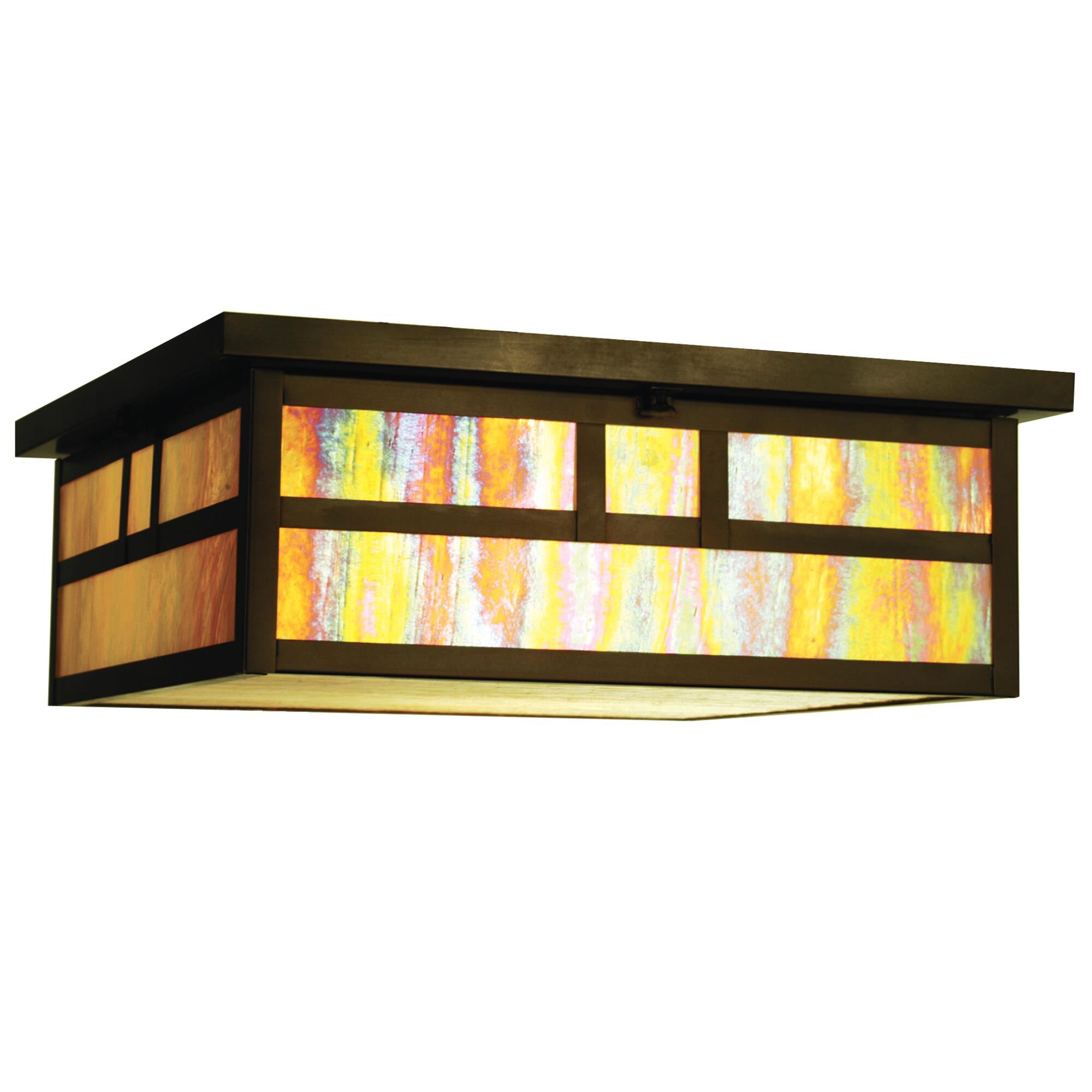 Shown in Craftsman Brown Finish finish and Beige Iridescent glass