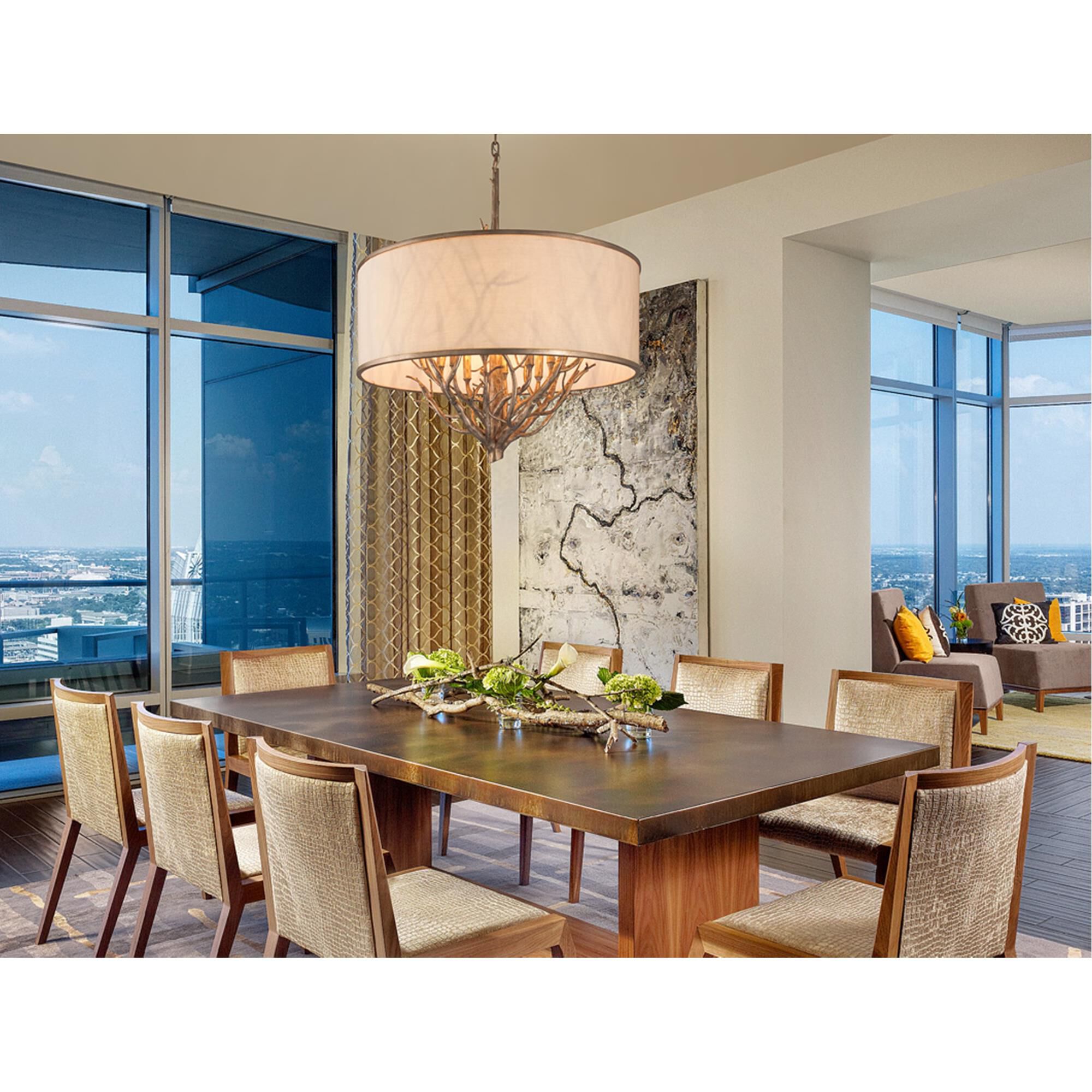 Shown in Vienna Bronze finish and Beige glass and Hardback Linen shade