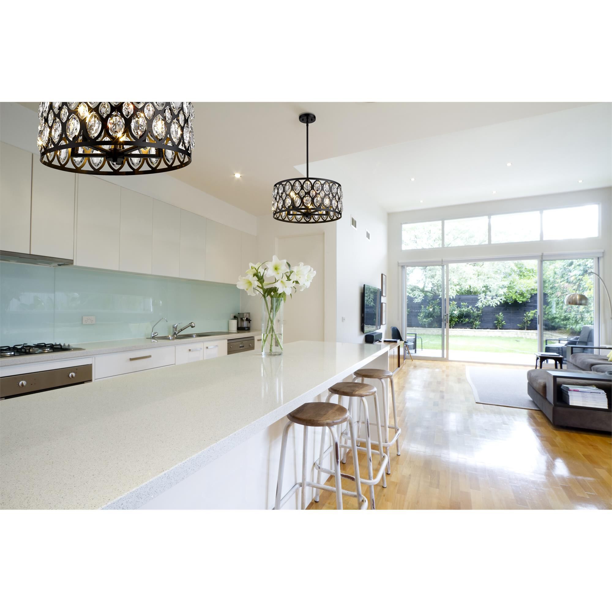 Shown in Matte Black finish and Steel + K9 Crystal glass and Steel + K9 Crystal shade