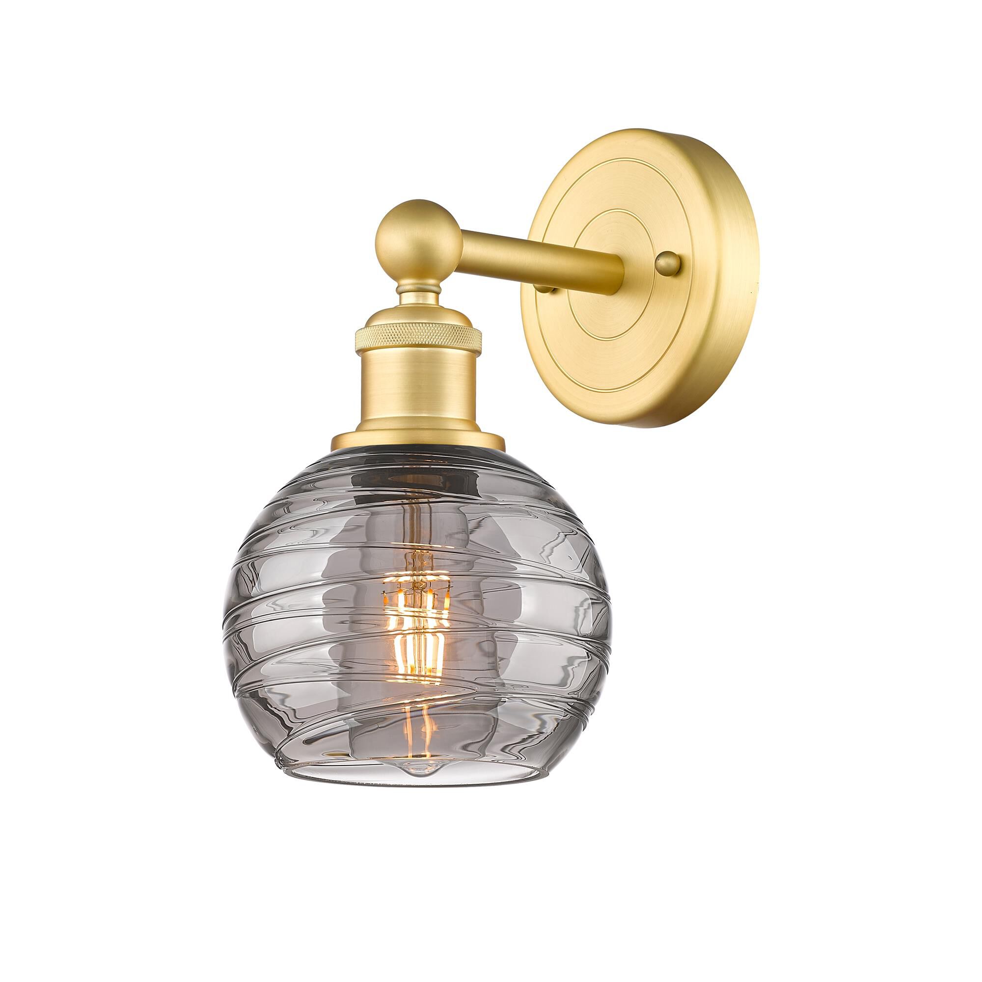 Shown in Satin Gold finish and Light Smoke Deco Swirl glass