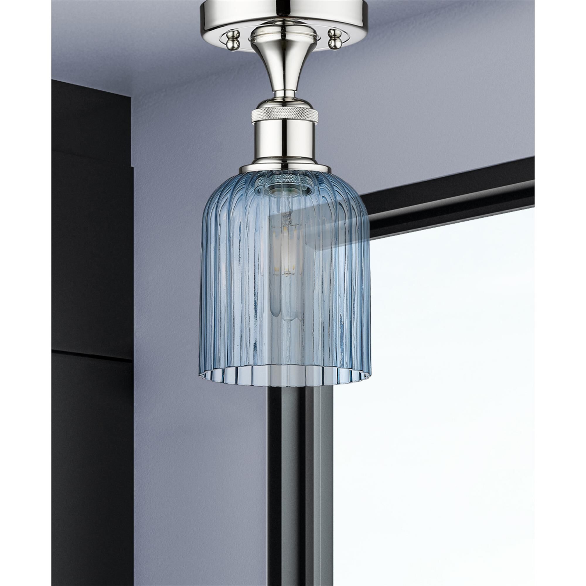 Shown in Polished Chrome finish and Princess Blue glass
