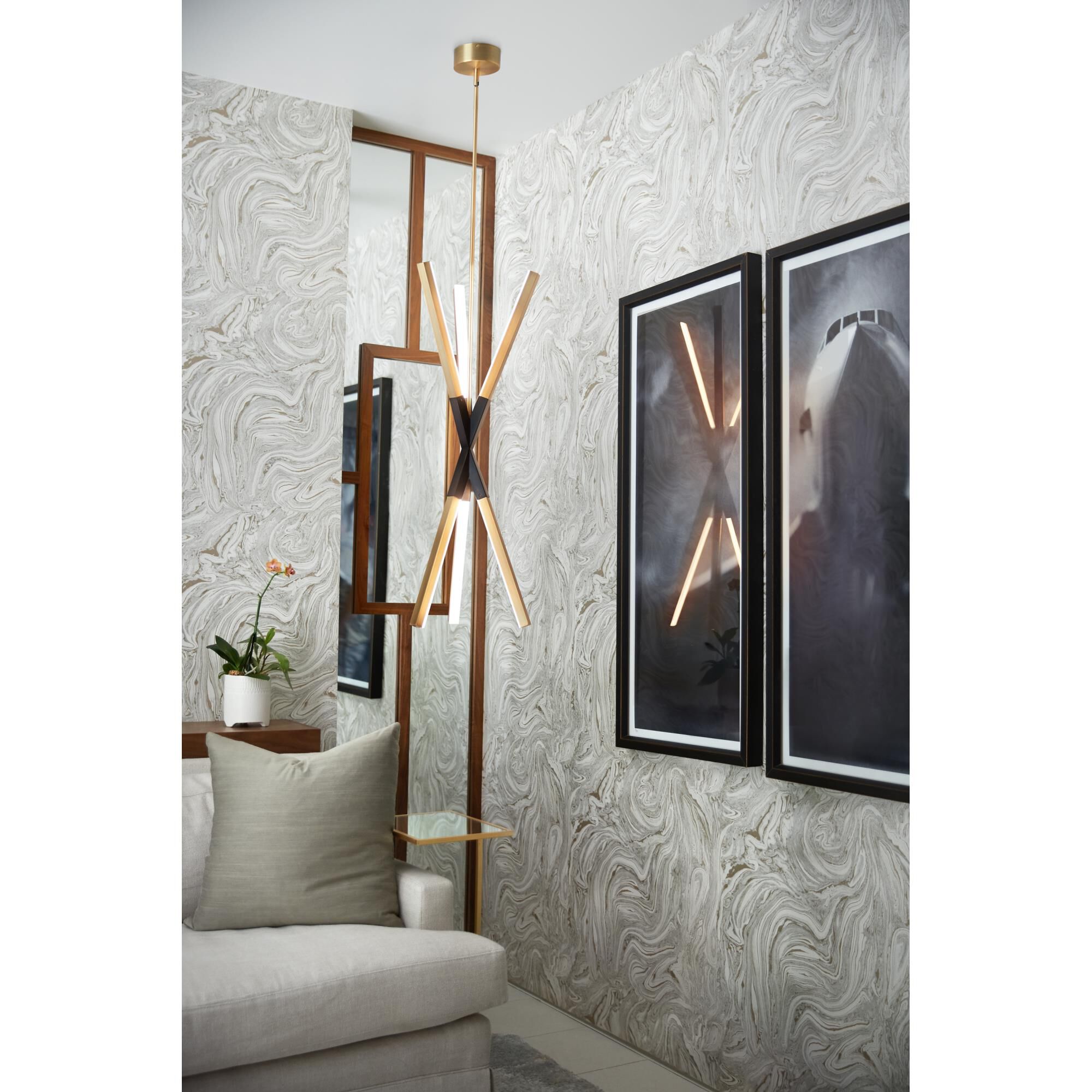 Shown in Lacquered Brass with Black Accents finish and Etched Acrylic glass