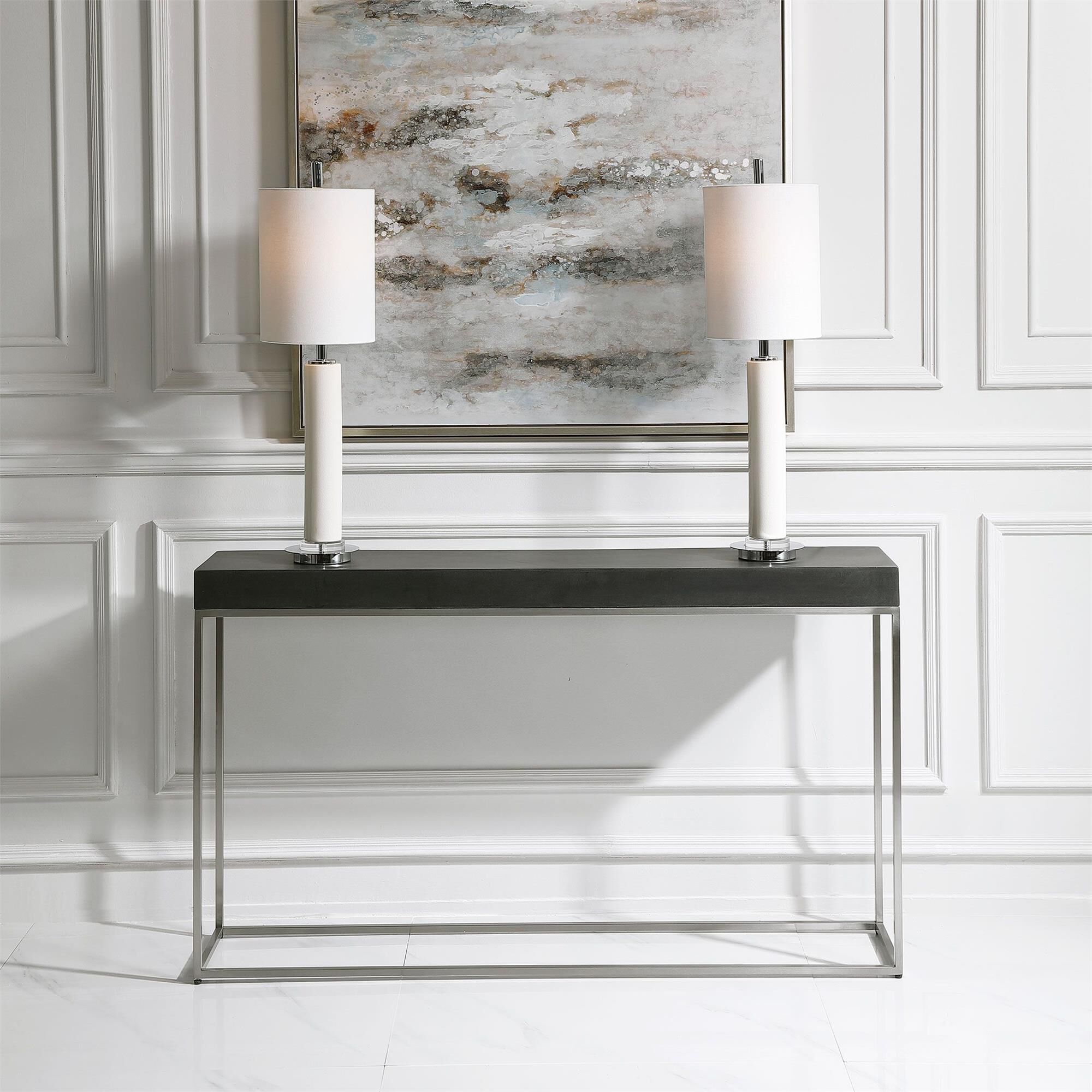 Shown in Sleek And Contemporary, This Console Table Features A Black Concrete Look Atop A Brushed Nickel Stai finish
