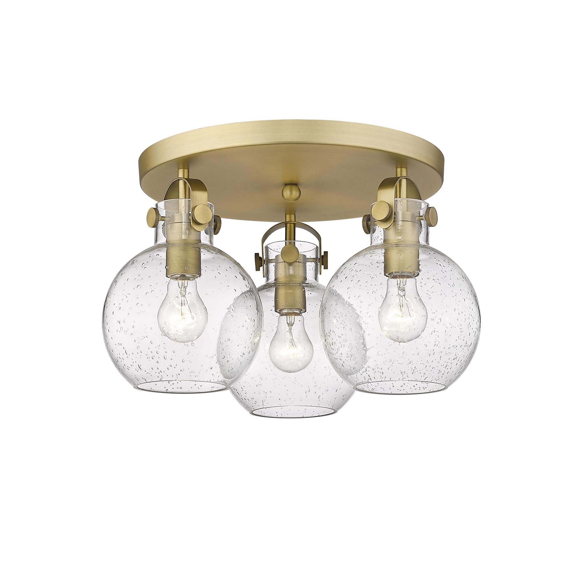 Shown in Brushed Brass finish and Seedy glass