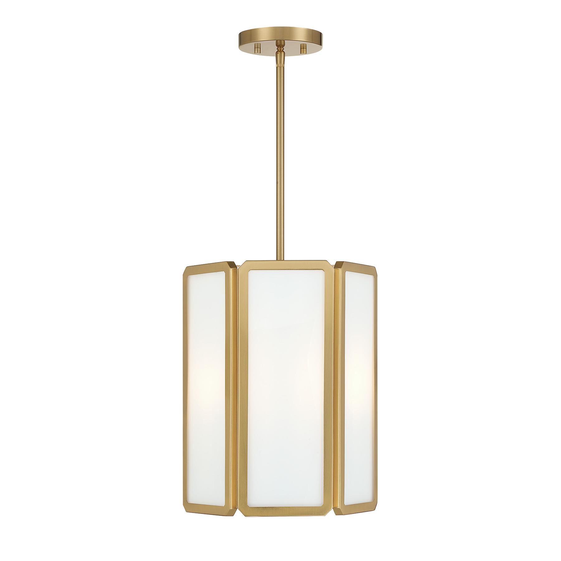 Shown in Warm Brass finish and White Opal glass