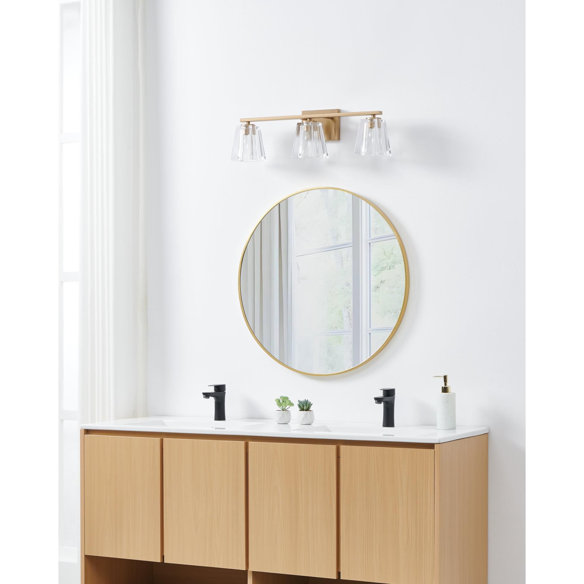 Shown in Champagne Gold finish and Clear Pressed glass