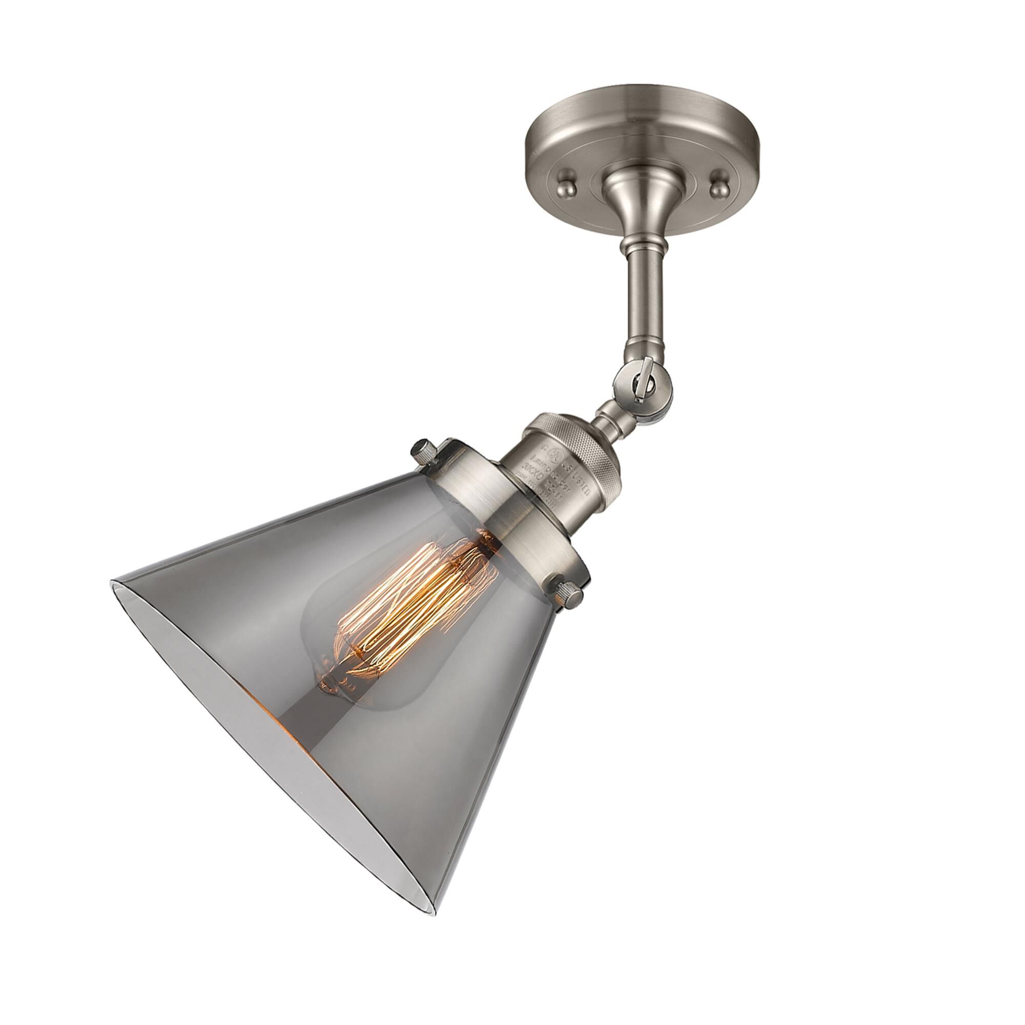 Shown in Brushed Satin Nickel finish and Smoked glass and None accent