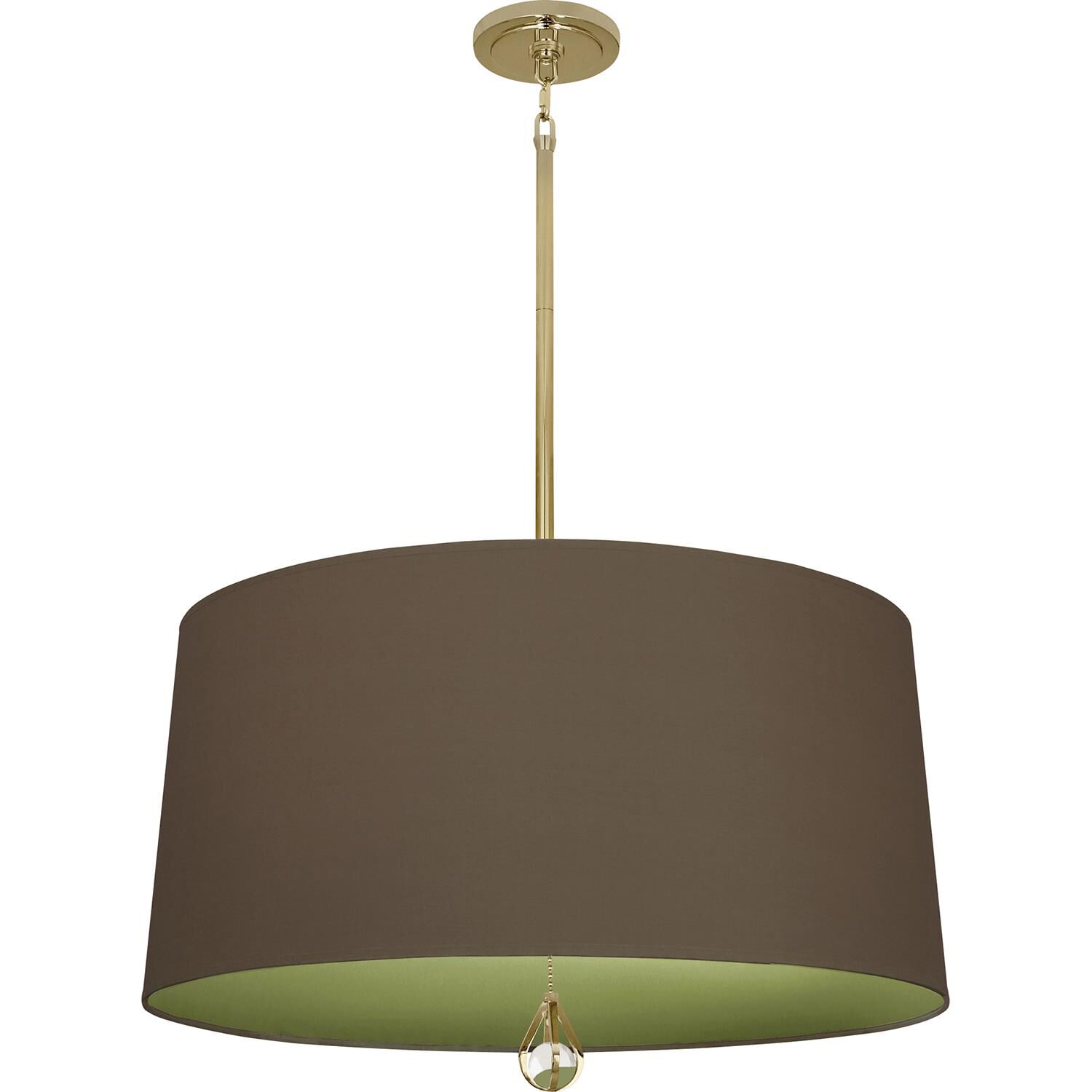 Shown in Modern Brass finish and Revolutionary Storm Fabric With Parrot Green Lining shade