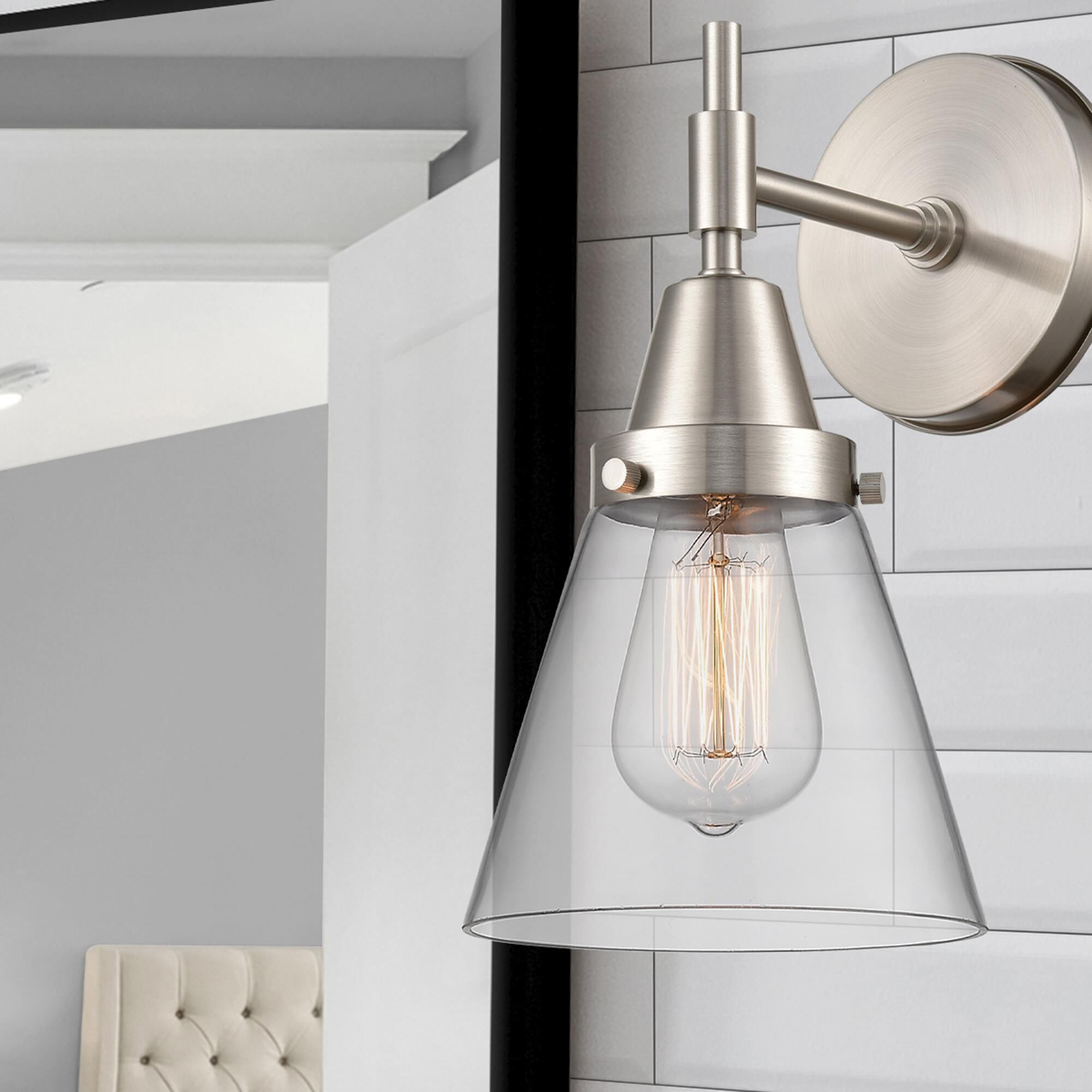 Shown in Satin Nickel finish and Clear Large Cone glass