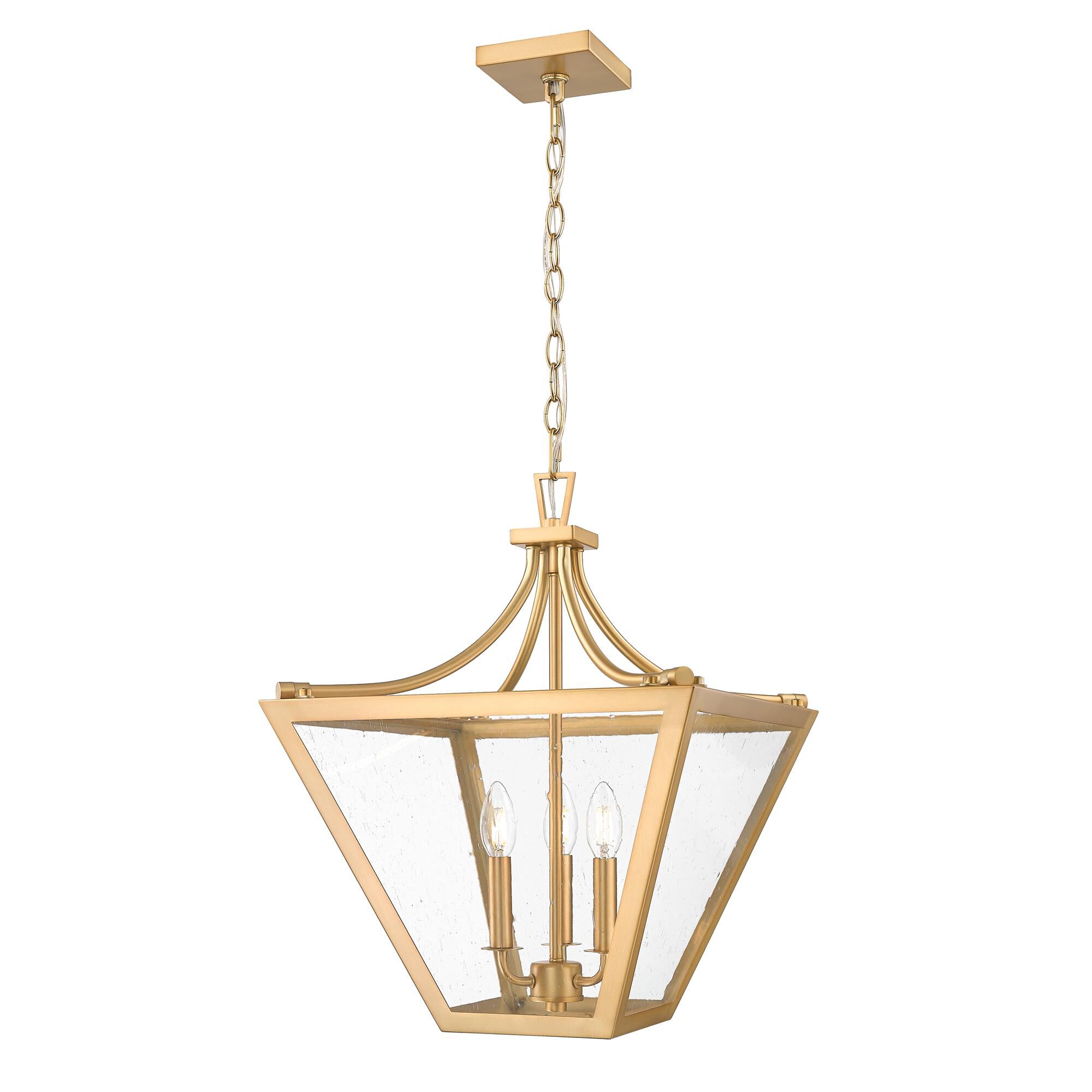 Shown in Rubbed Brass finish and Clear Seedy glass