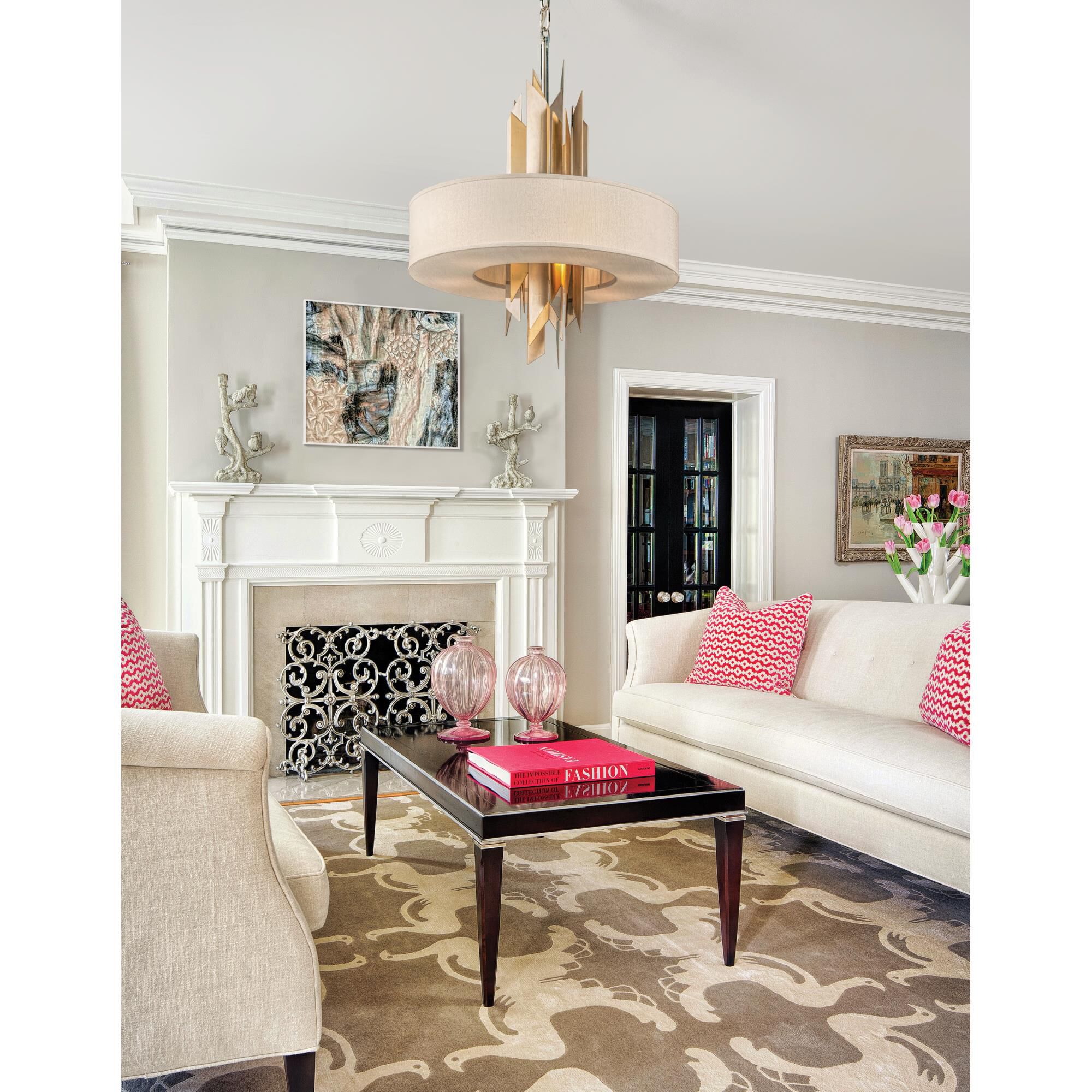 Shown in Polish Stainless With Silver And Gold Leaf finish and Ivory Ice glass and Hardback Fabric shade