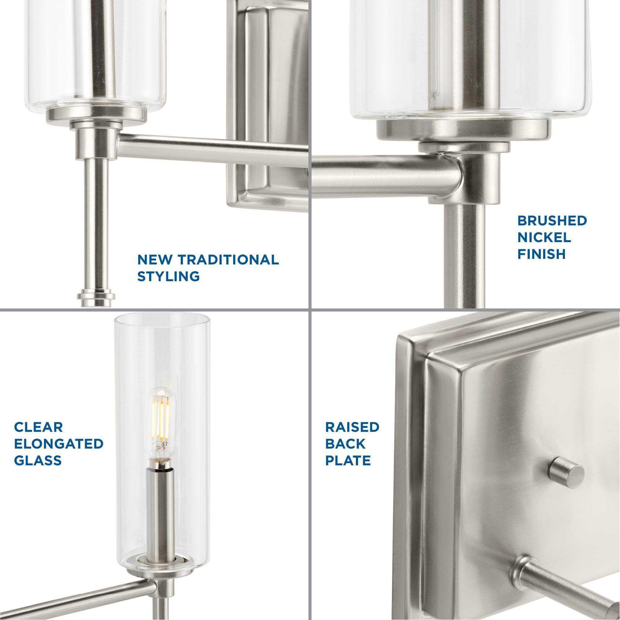 Shown in Brushed Nickel finish and Clear glass