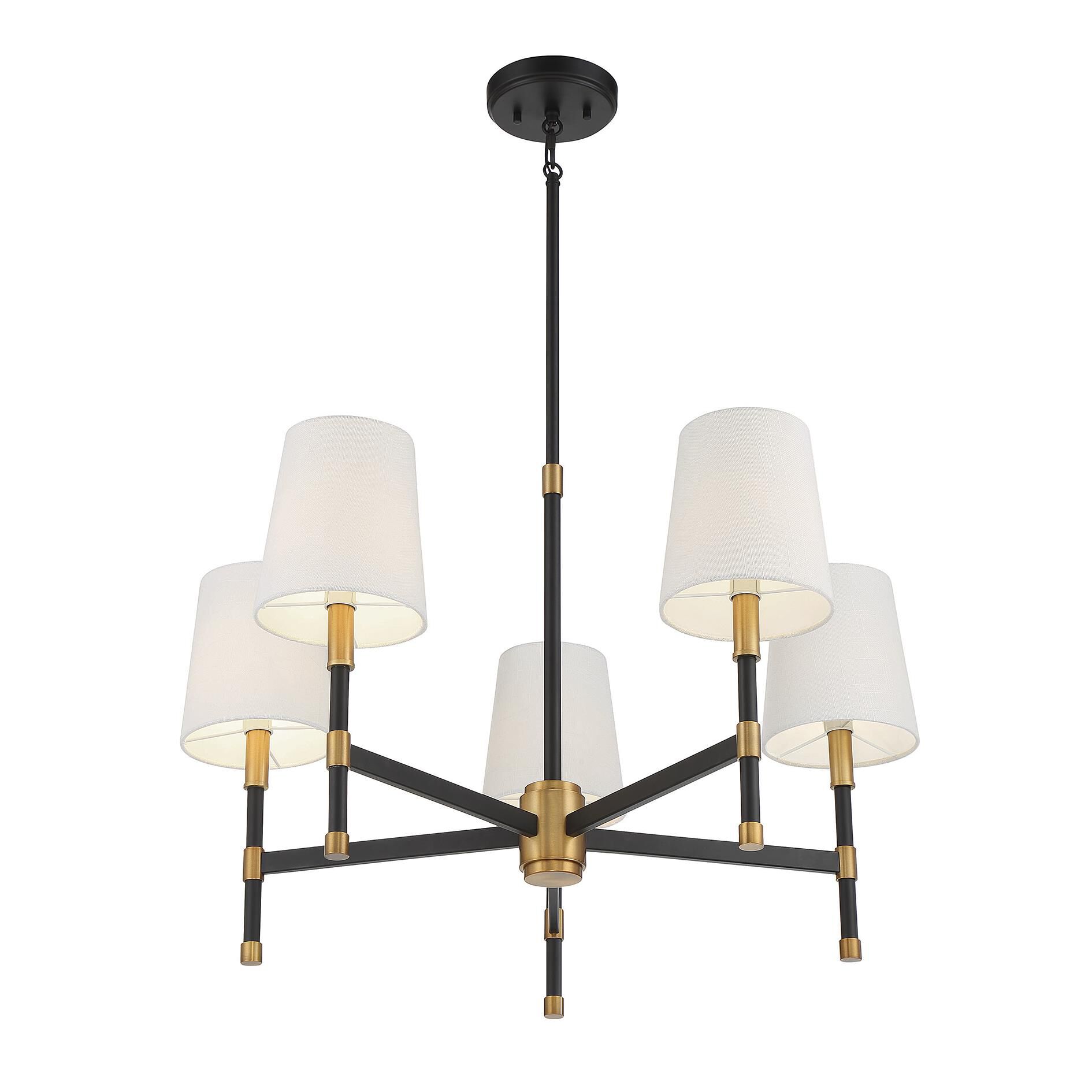 Shown in Matte Black With Warm Brass Accents finish and White Fabric shade