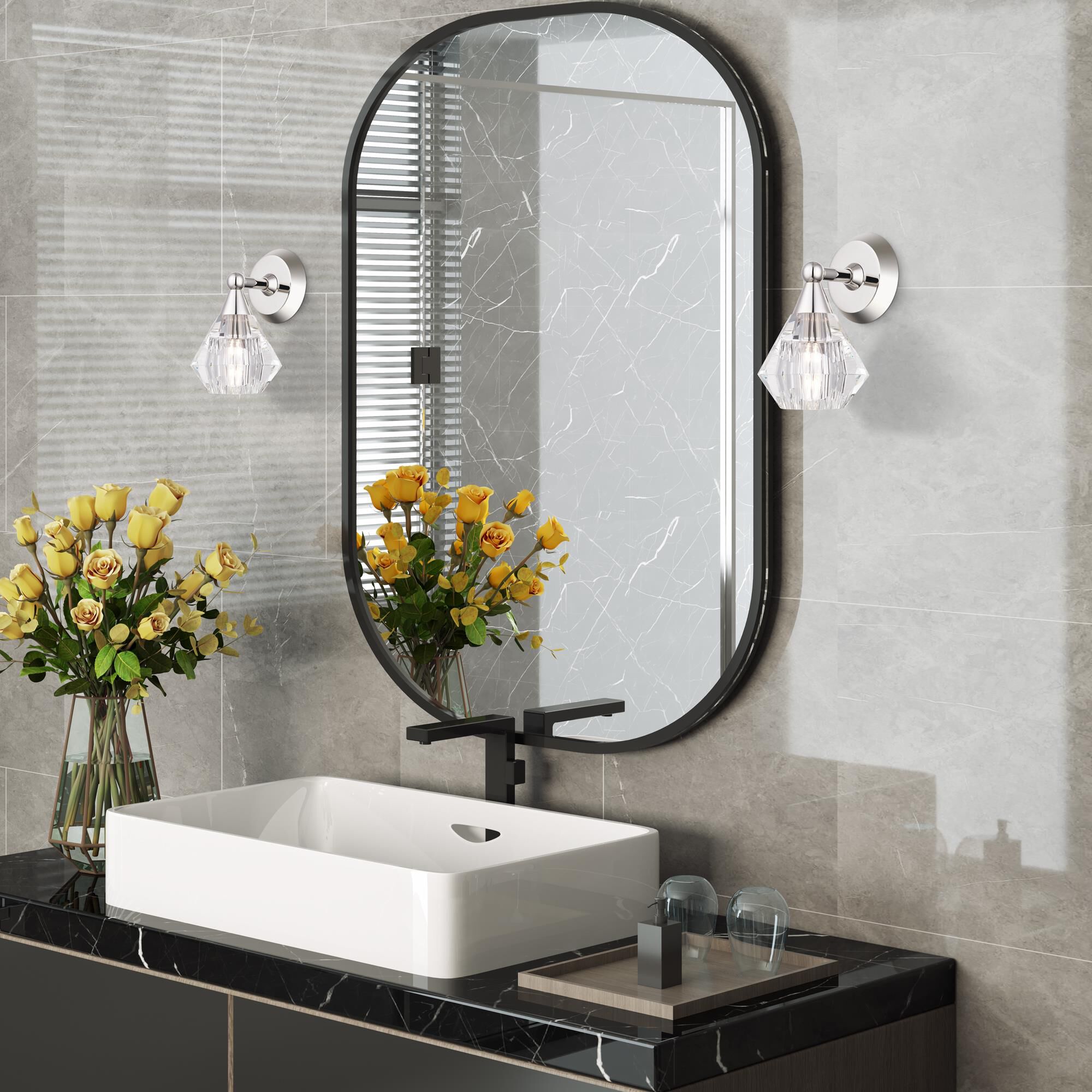 Shown in Polished Nickel finish and Crystal glass