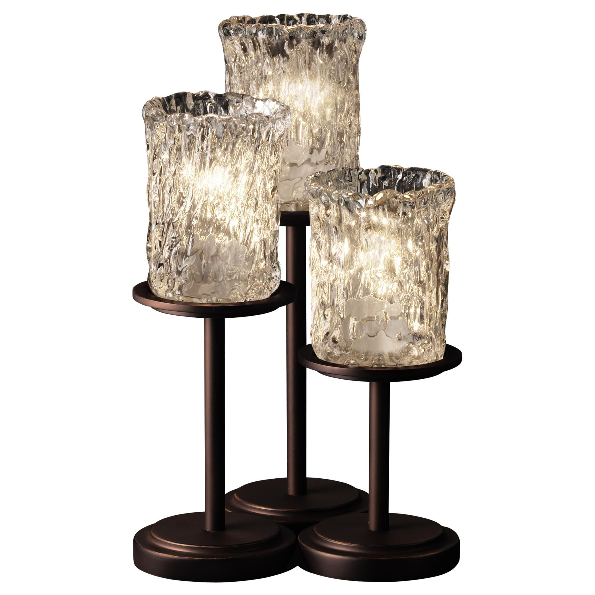 Shown in Dark Bronze finish and Clear Textured Venetian glass and Cylinder with Rippled Rim (GLA) shade and Cylinder with Rippled Rim accent