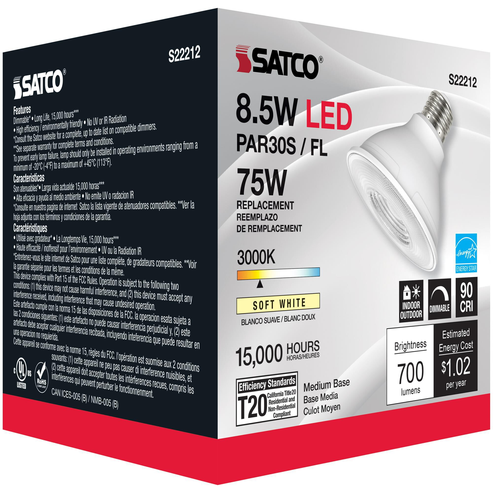 Dimmable 8.5 Watt 3000K PAR30SN LED Light Bulb by Satco
