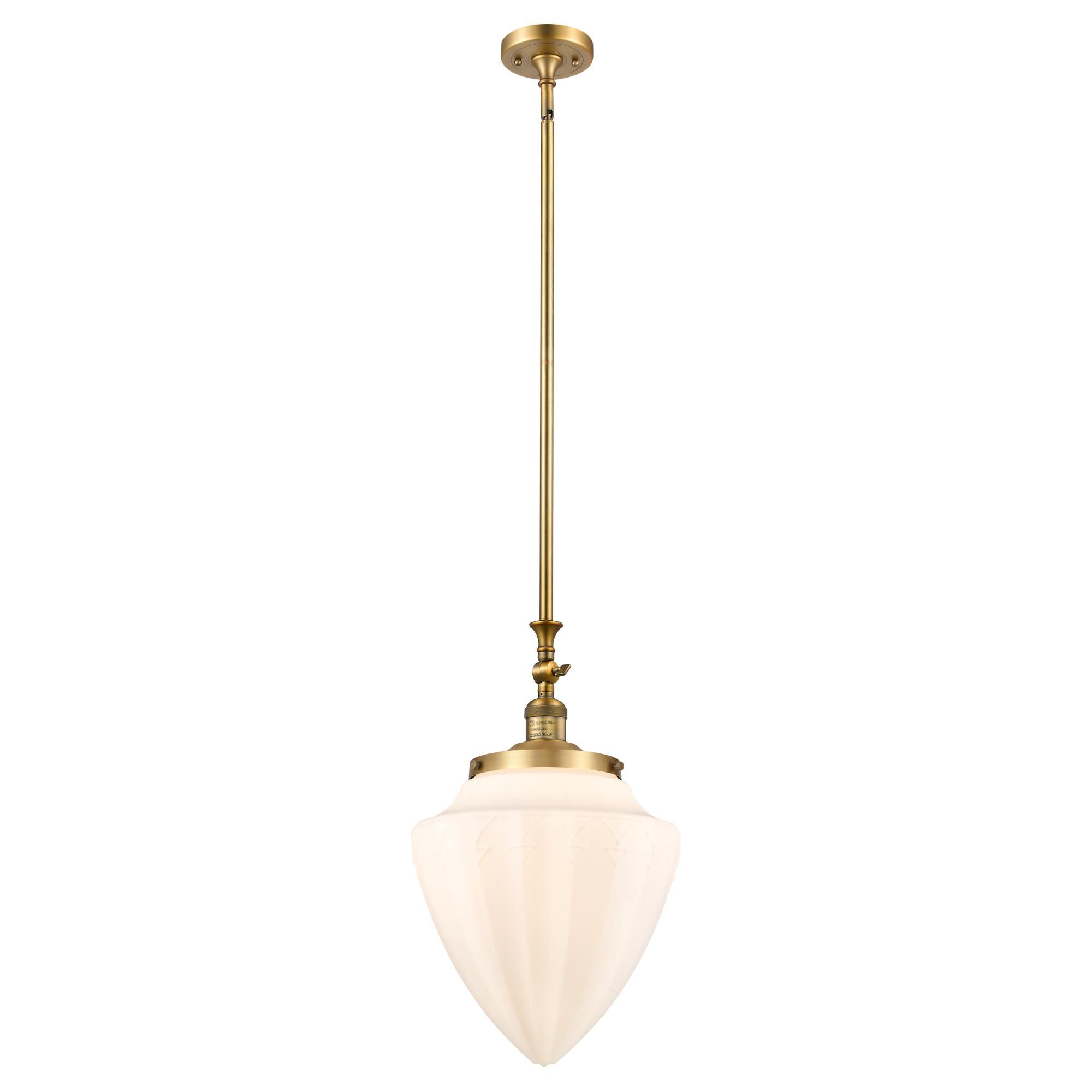 Shown in Brushed Brass finish and Matte White glass