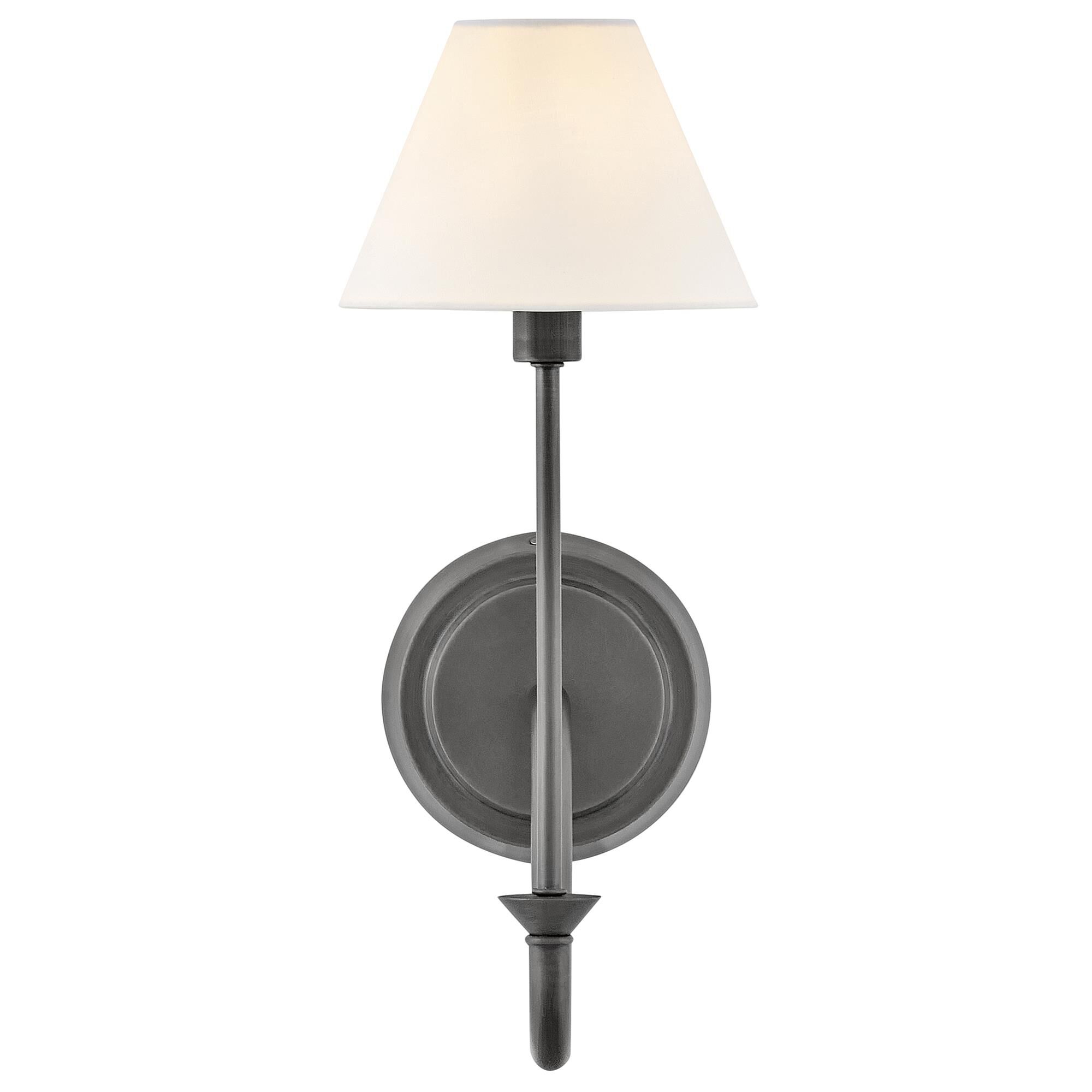 Shown in Blackened Brass finish and Off-White Linen shade
