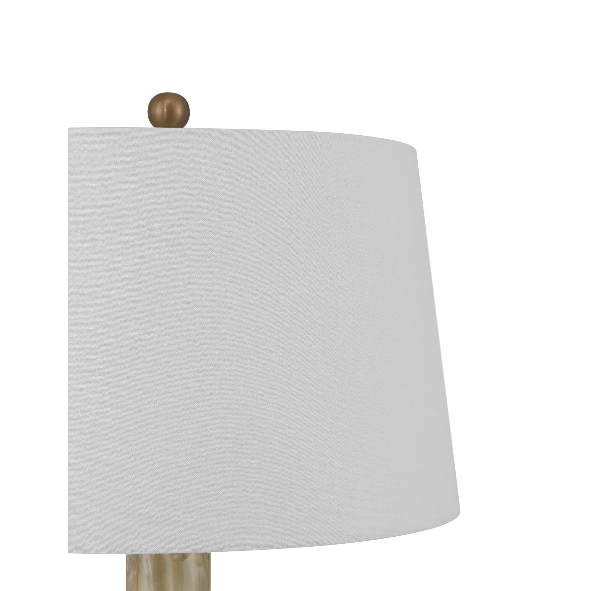 Shown in Pale Brown, Off-White and Antique Brass finish and White Polyester/Hardback/Rolled Edge shade