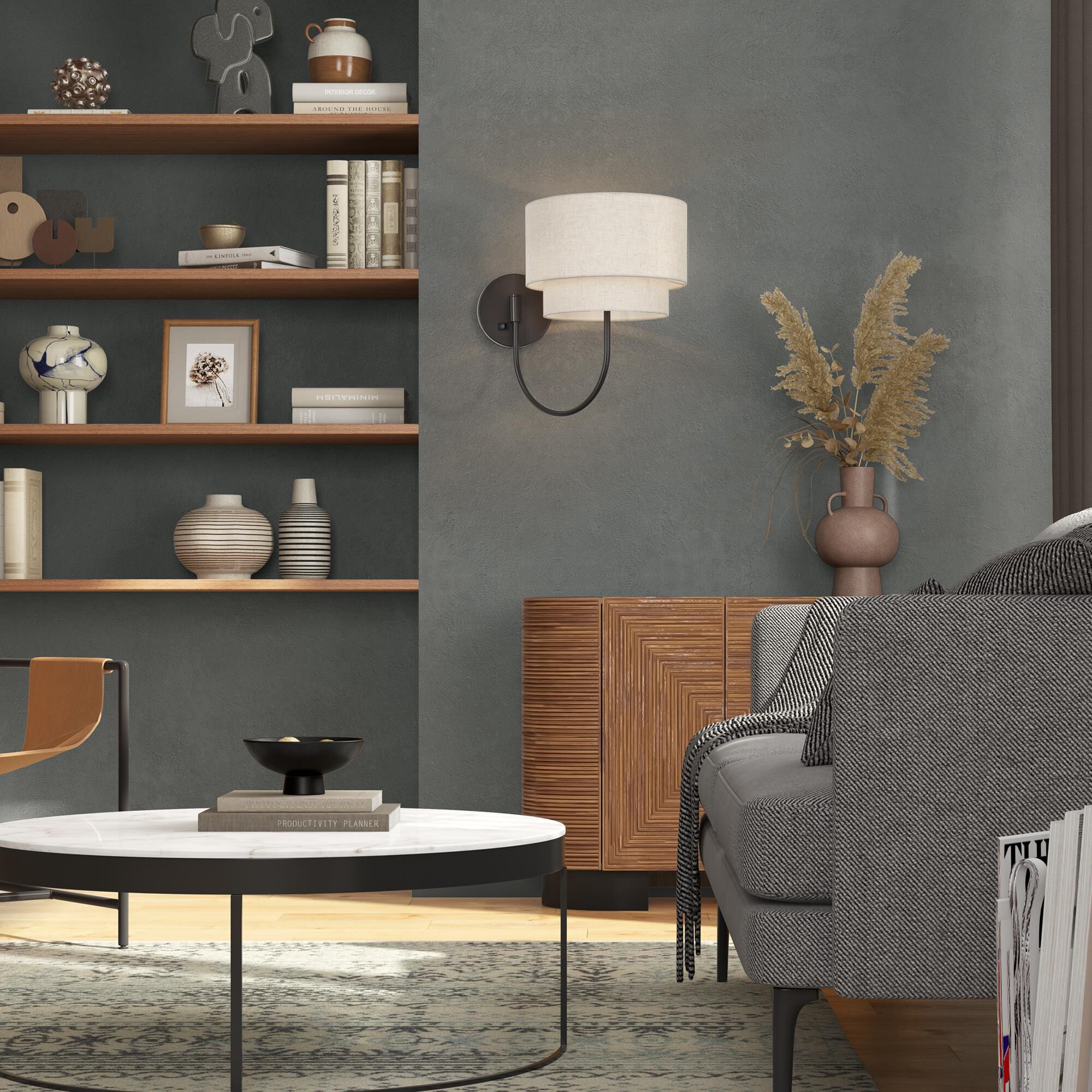 Shown in English Bronze finish and Hand Crafted Oatmeal Color Fabric with White Color Inside shade