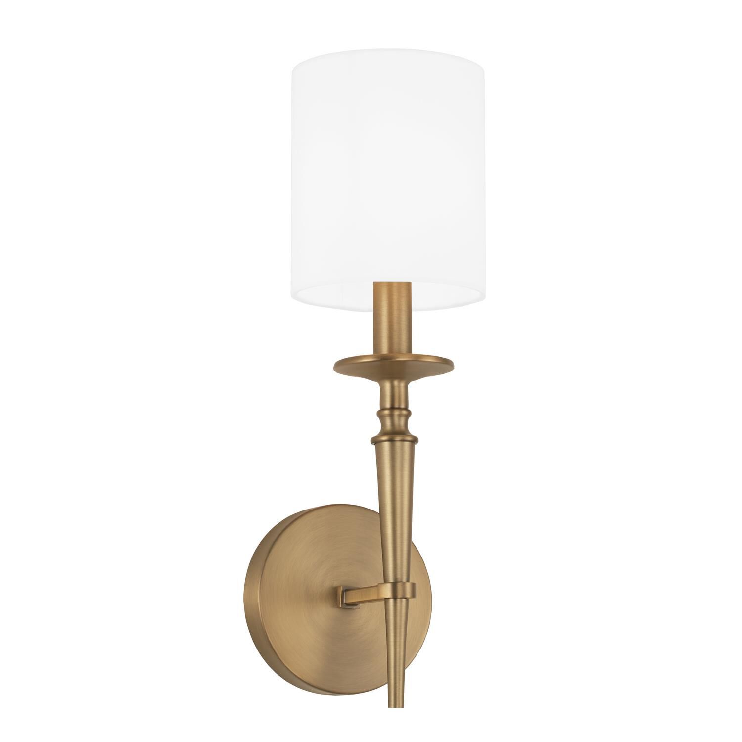 Shown in Aged Brass finish and 701 glass and White Fabric Stay-Straight shade