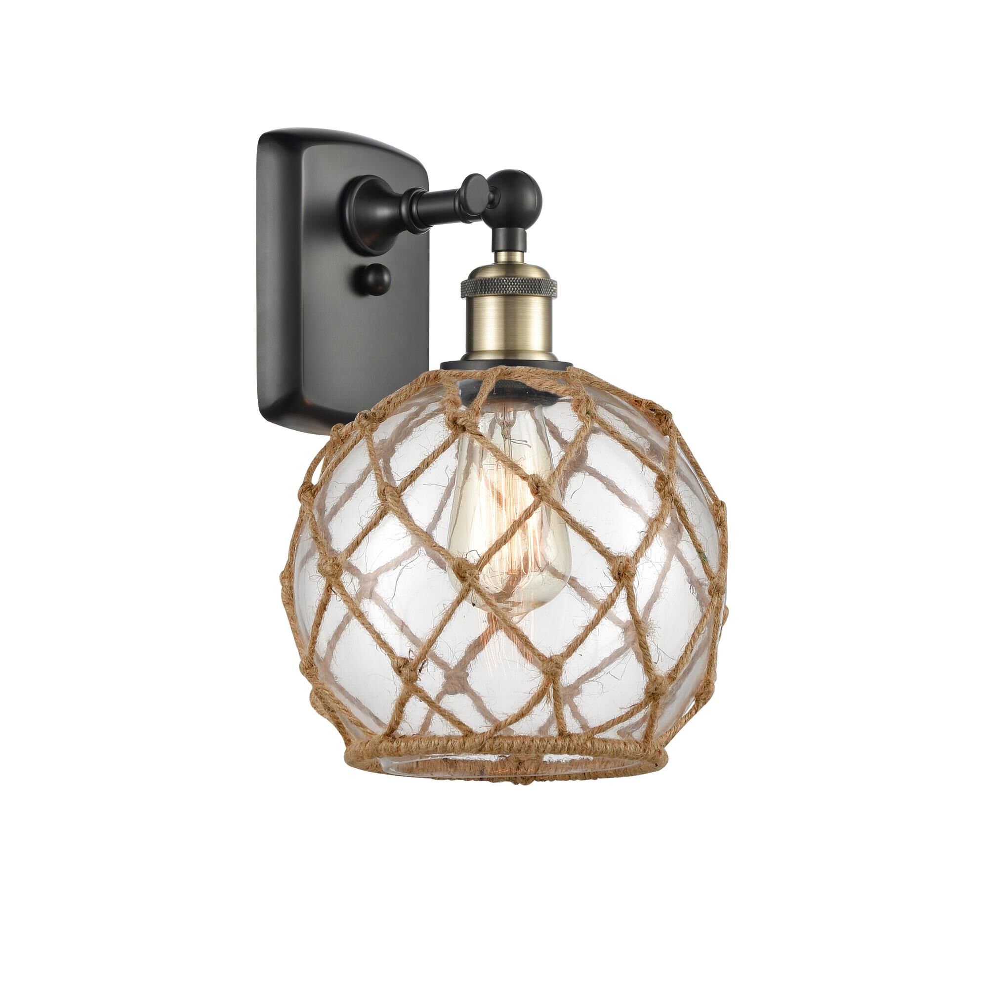 Shown in Black Antique Brass finish and Sphere glass and Glass And Rope shade