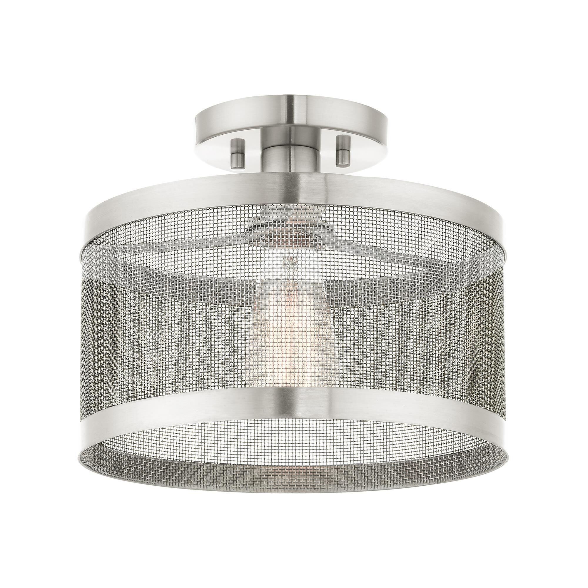 Shown in Brushed Nickel finish and Brushed Nickle Stainless Mesh Shade glass and Brushed Nickle Stainless Mesh shade