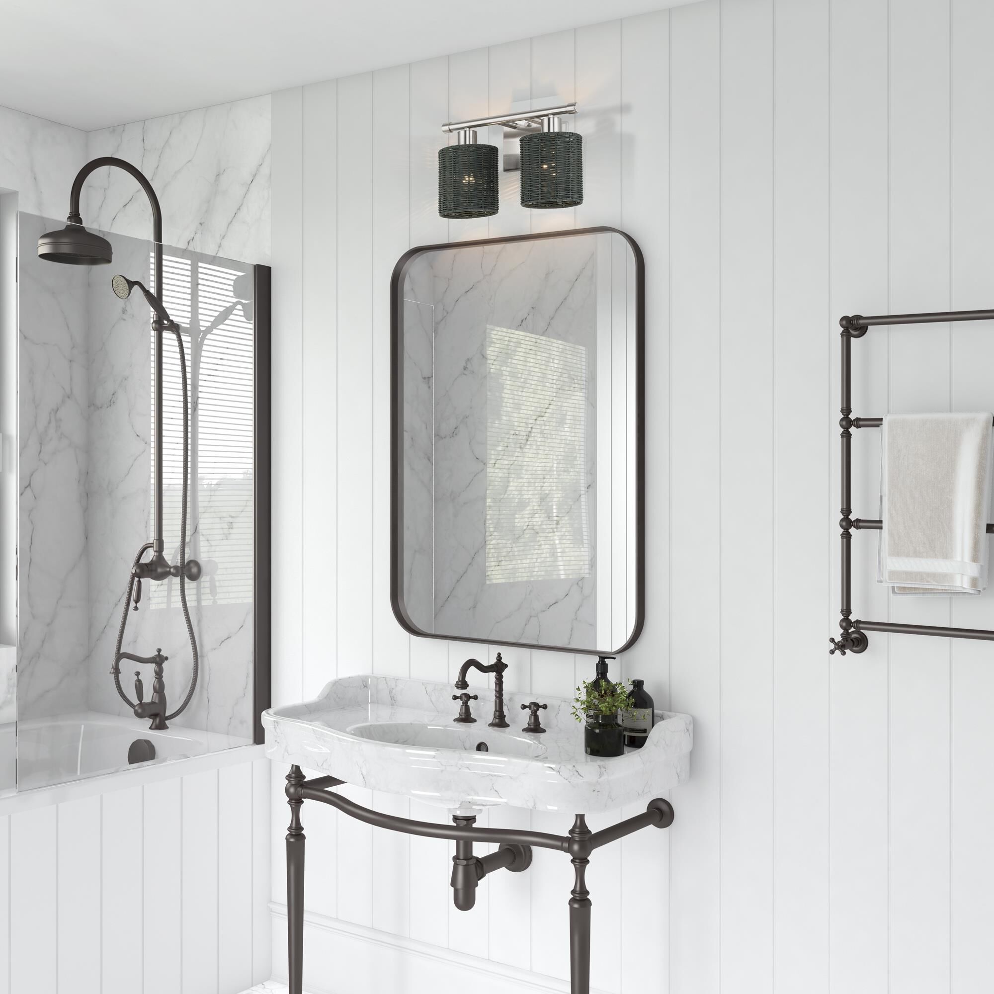 Shown in Brushed Nickel finish and Hand-Woven Charred Gray Color Rattan shade