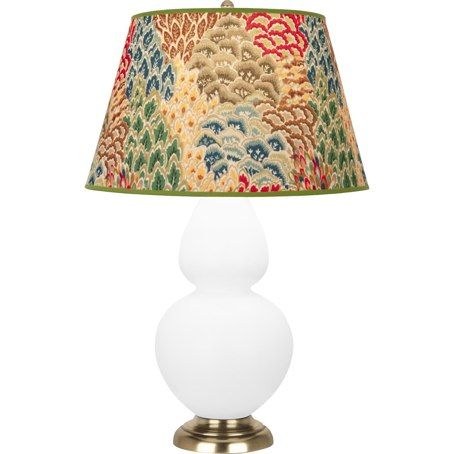 Shown in Matte Lily finish and Fall Floral shade and Antique Natural Brass accent
