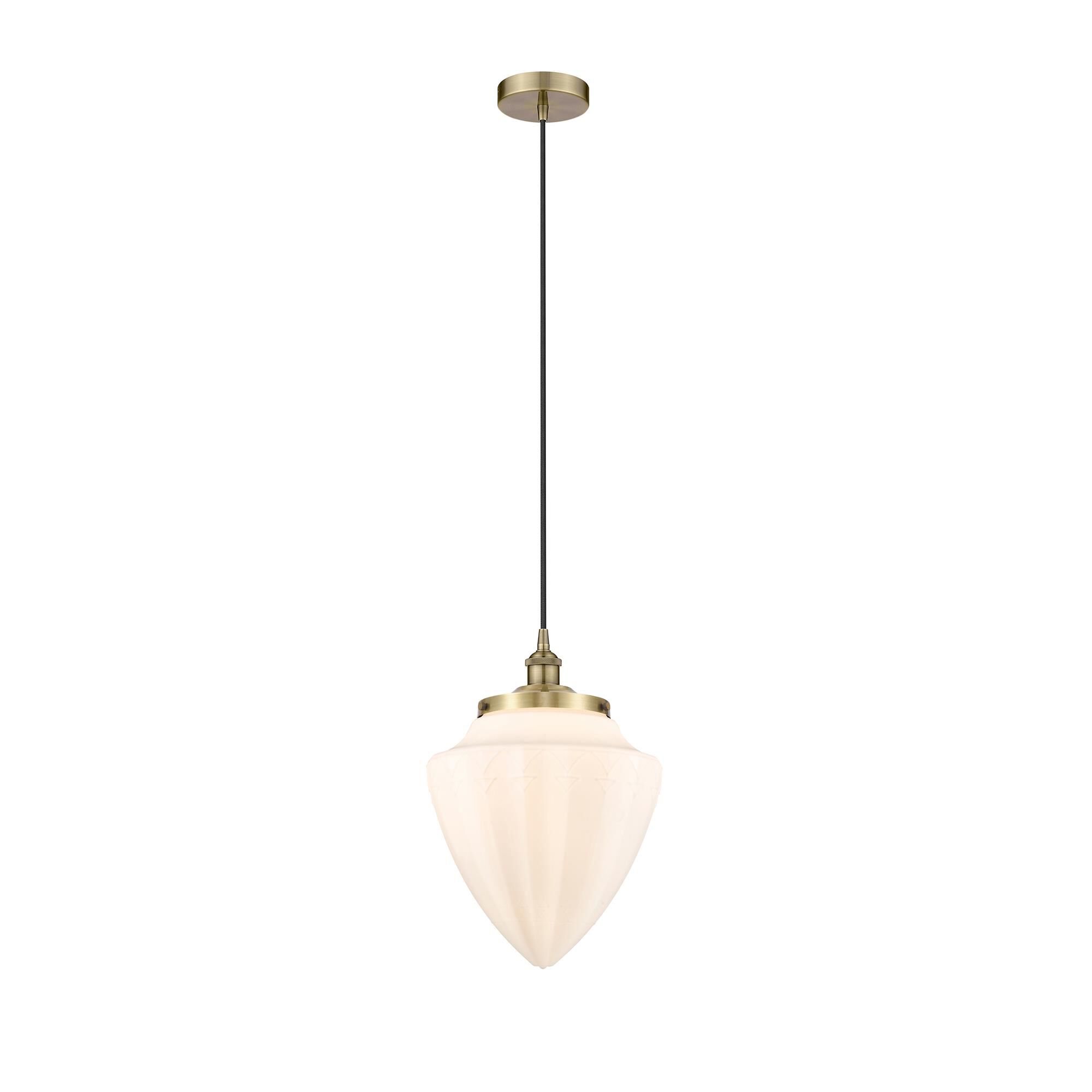 Shown in Antique Brass finish and Matte White glass