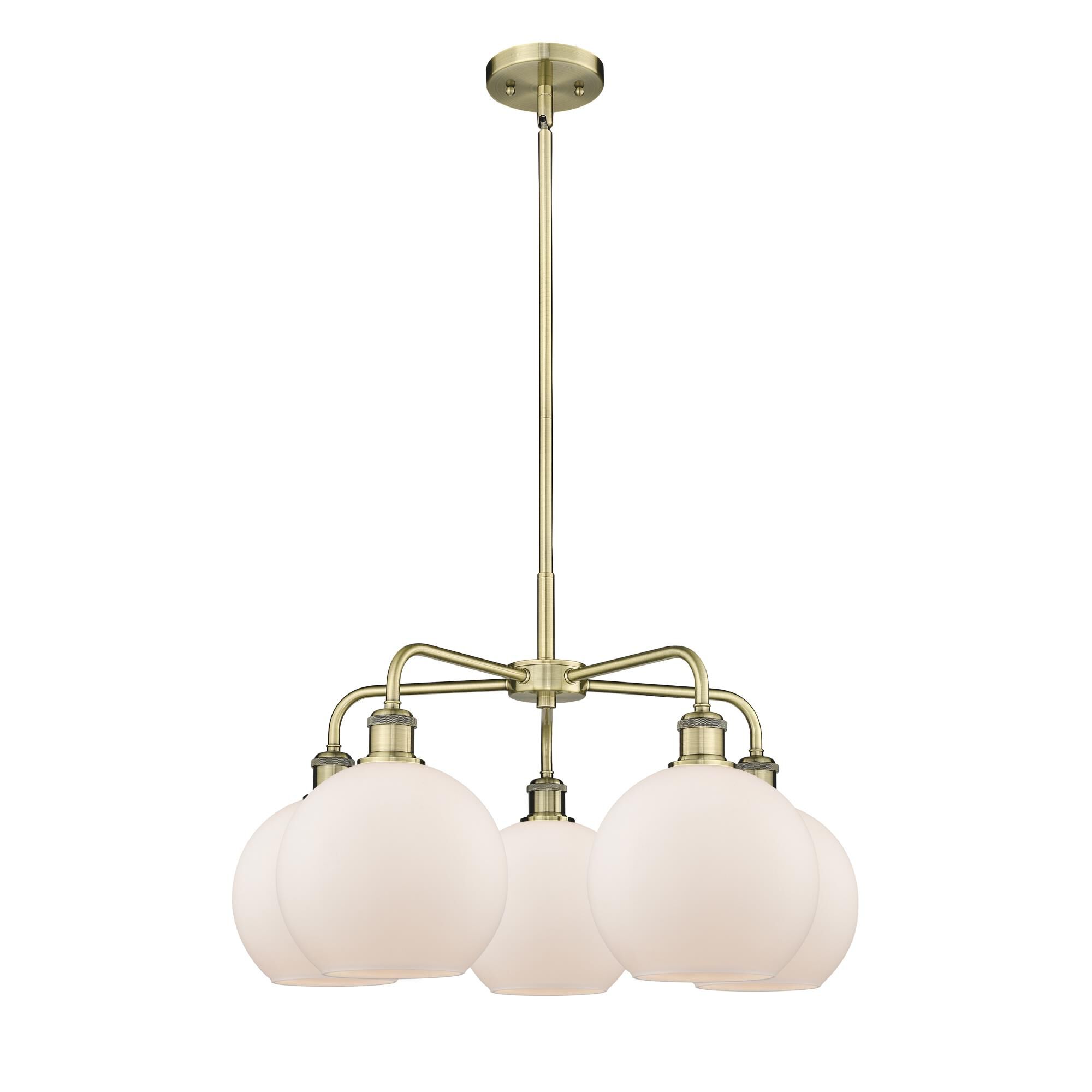 Shown in Antique Brass finish and Matte White glass