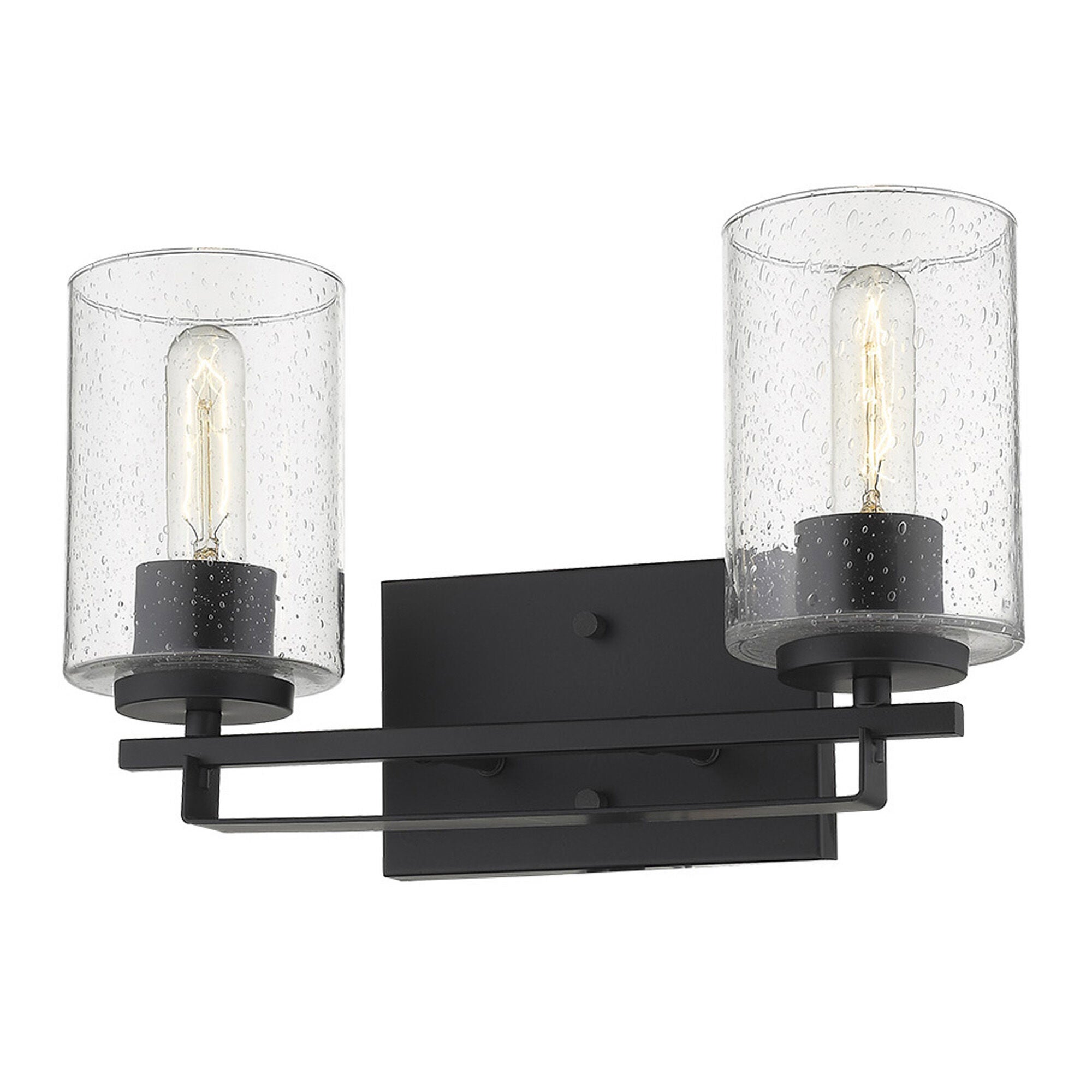 Shown in Matte Black finish and Clear glass and Clear, Seeded Cylindrical Glass s shade