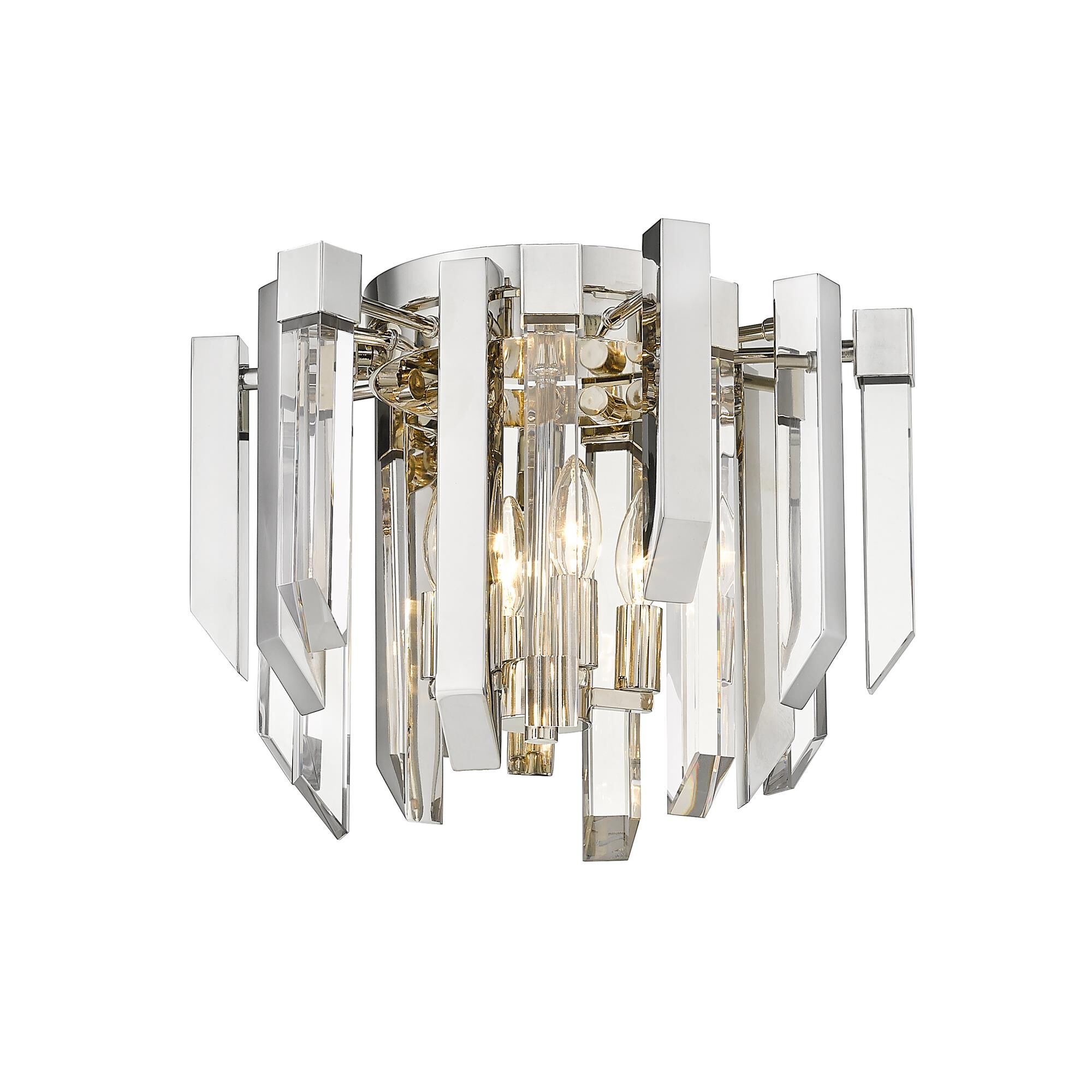 Shown in Polished Nickel finish and Crystal glass and Crystal shade