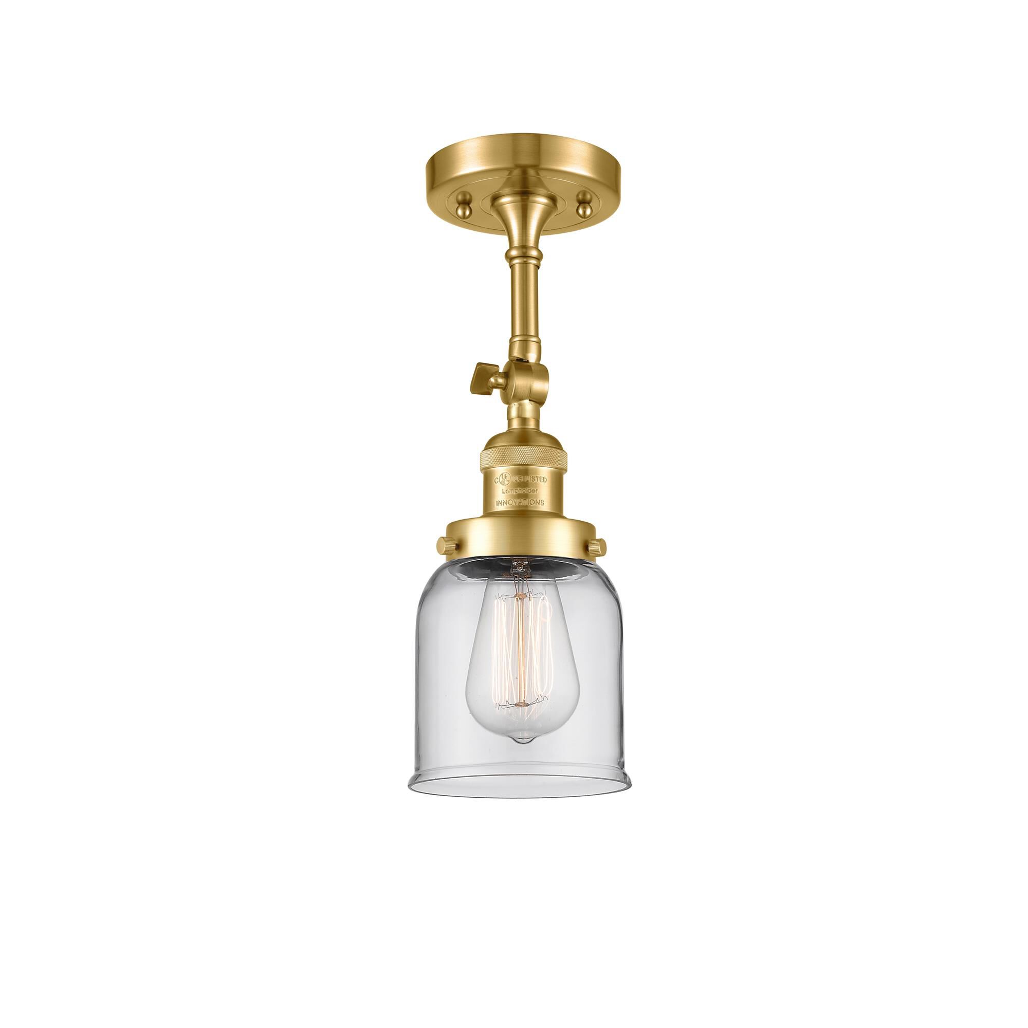 Shown in Satin Gold finish and Clear Small Bell glass