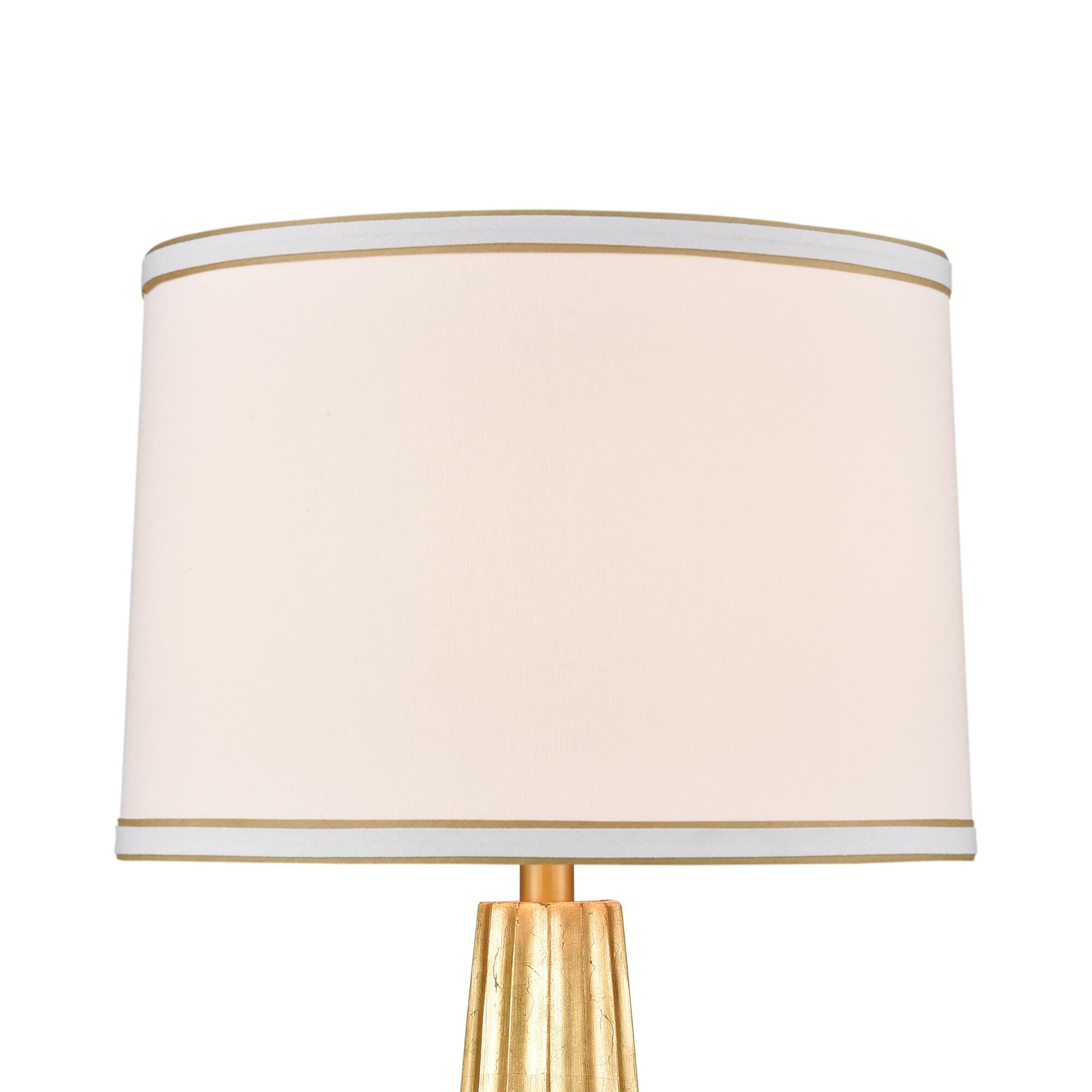 Shown in Gold Leaf finish and White Linen Fabric Shade glass and White Linen Fabric shade