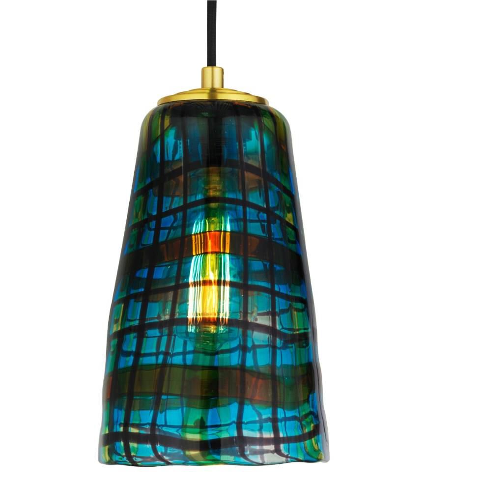 Shown in Brass finish and Tartan Aqua glass