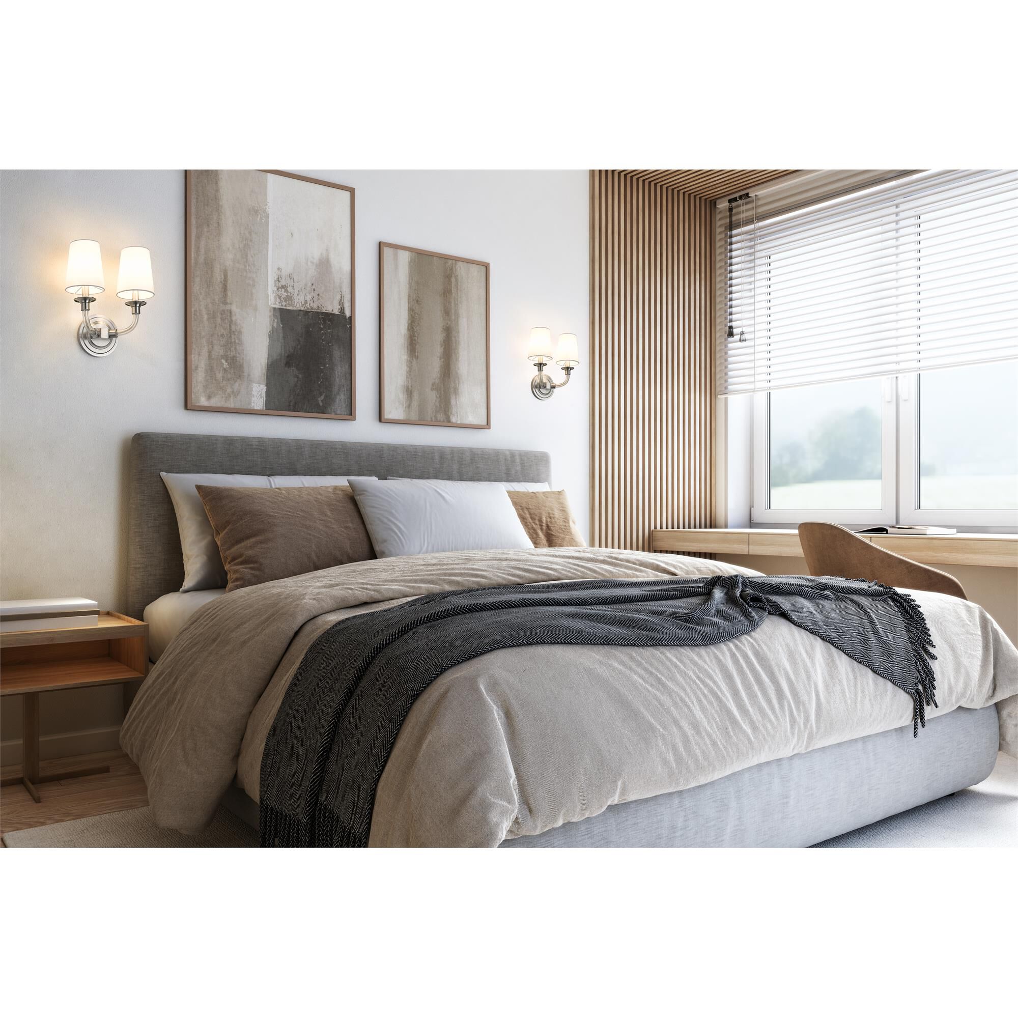 Shown in Brushed Nickel finish and White glass and White shade