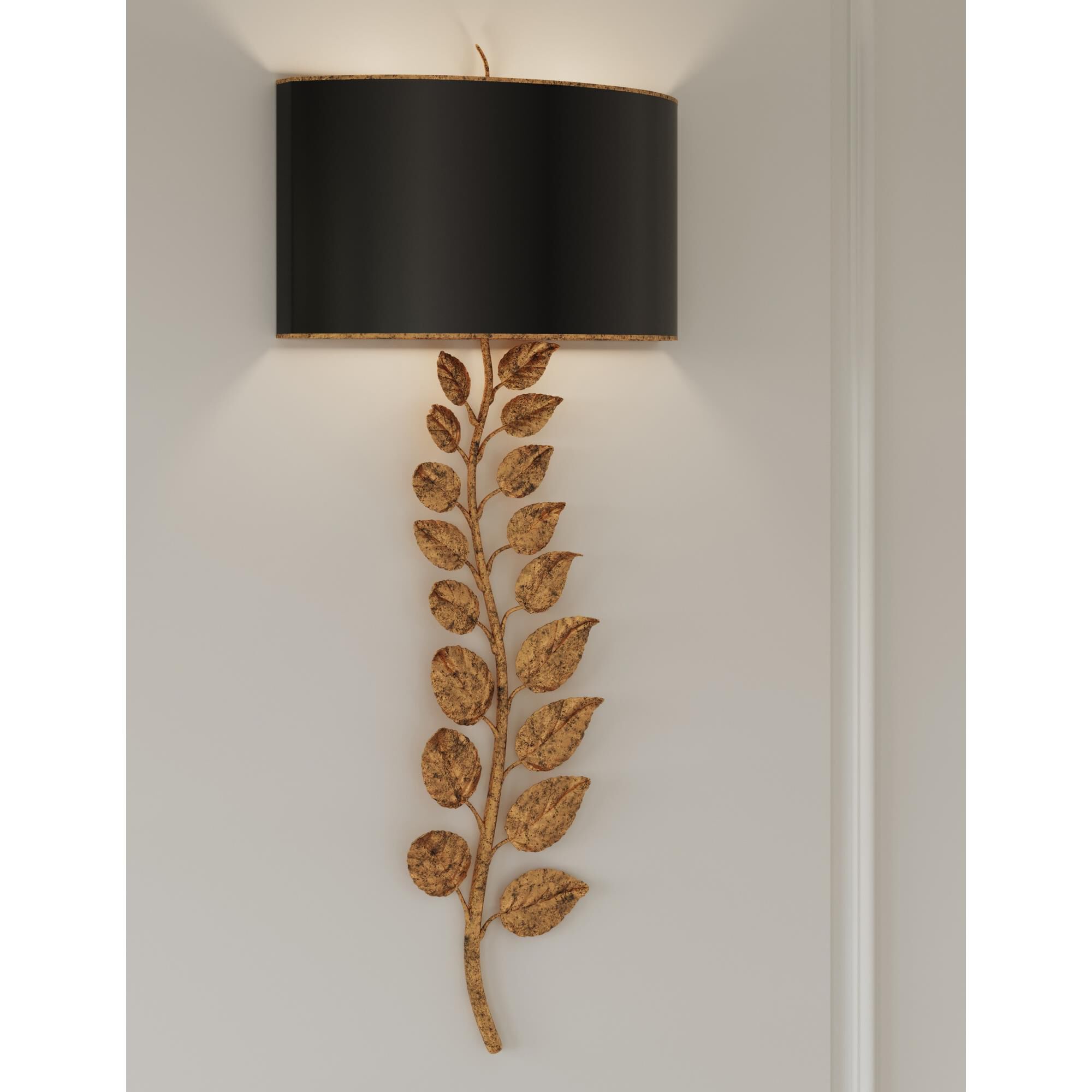 Shown in Textured Gold Leaf/Satin Black finish and Included shade