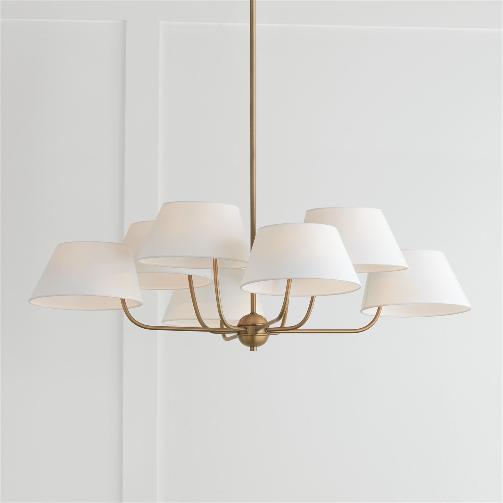 Shown in Aged Brass finish and White Fabric shade