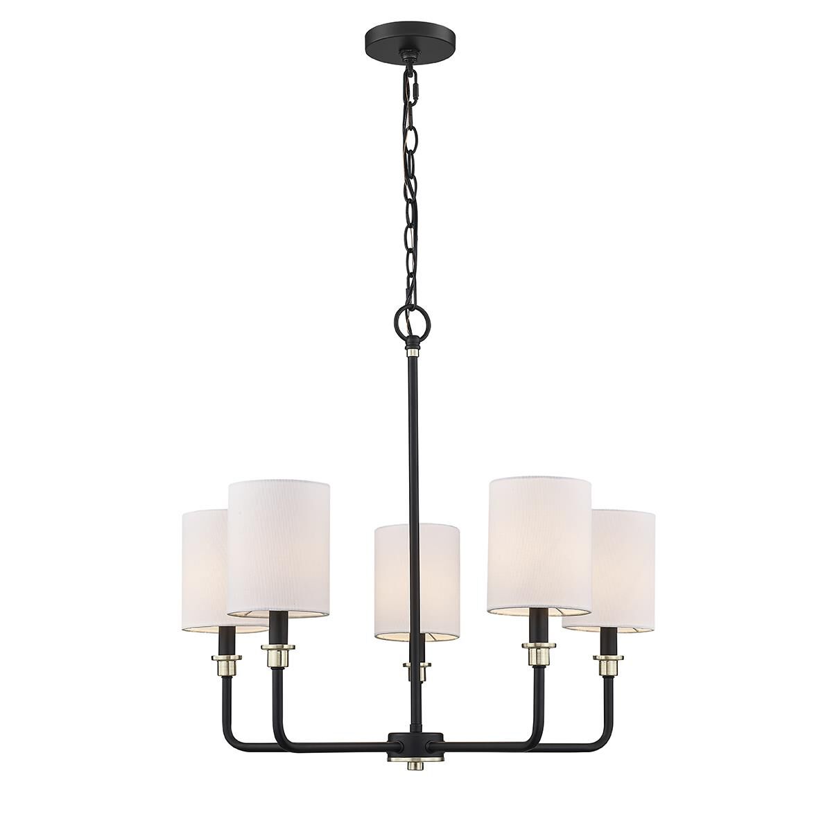 Shown in Matte Black Modern Gold finish and White Linen shade