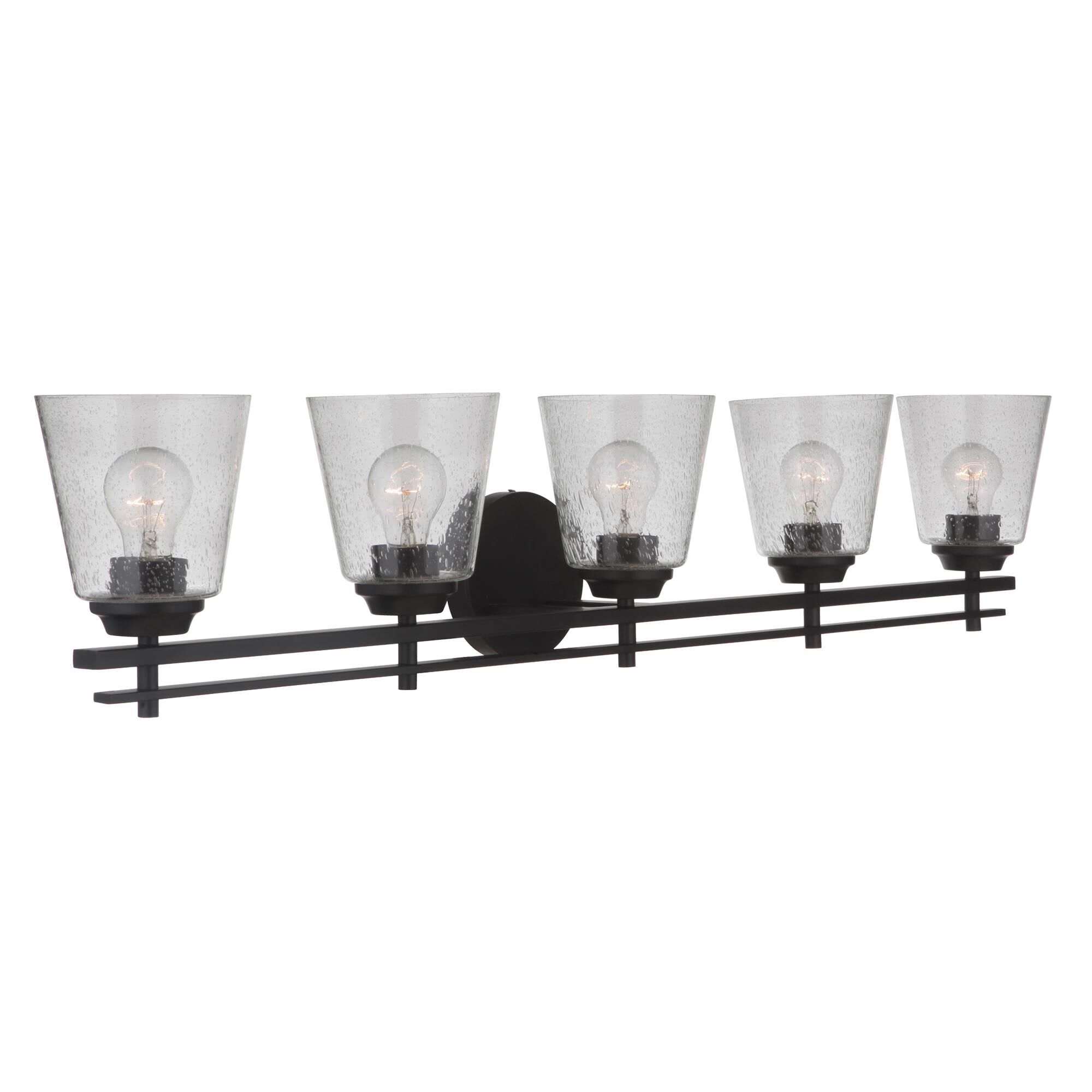 Shown in Flat Black finish and Clear Seeded glass and Glass shade
