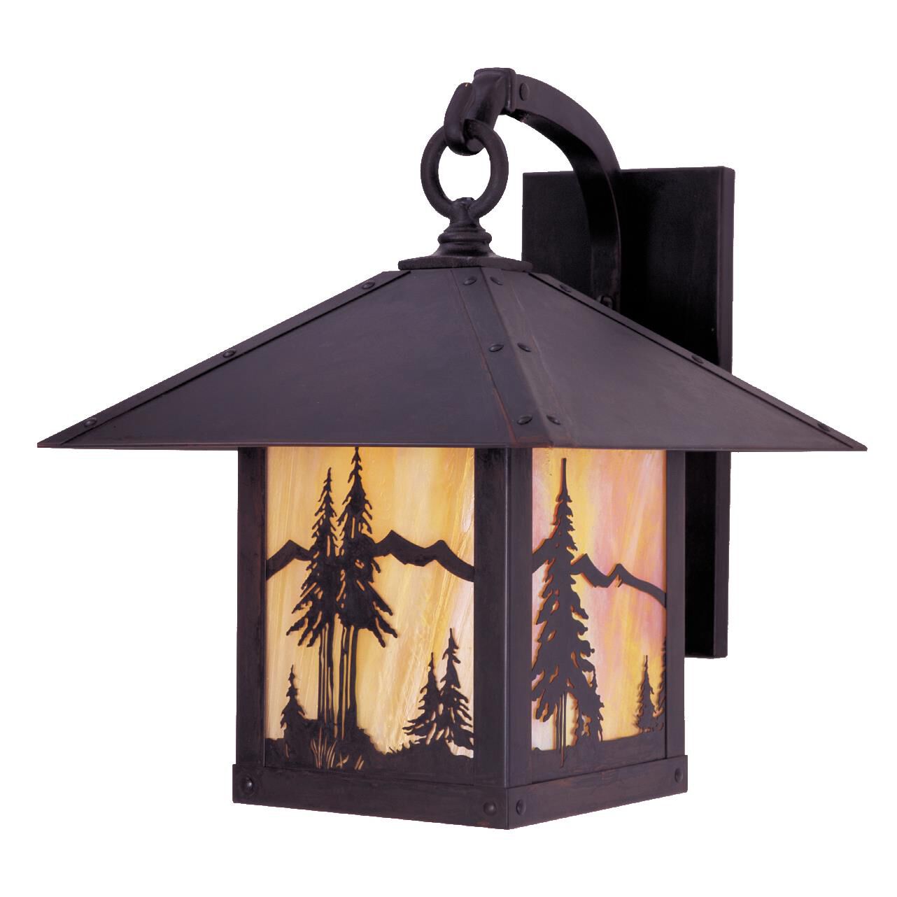 Shown in Bronze finish and Gold White Iridescent glass and Mountain accent