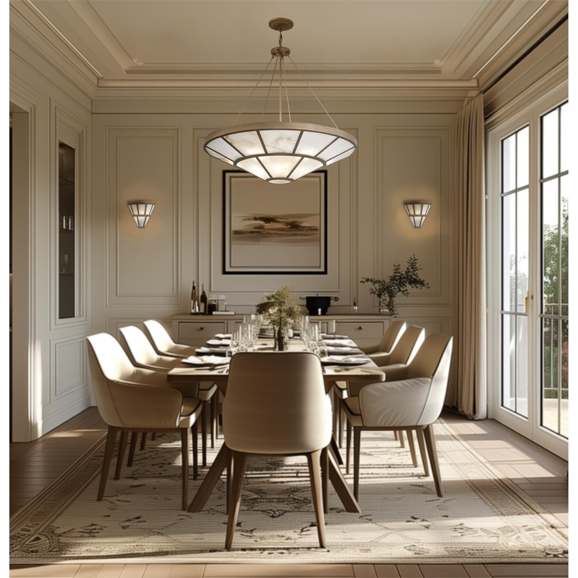 Shown in Ashen Gold finish and Alabaster White glass